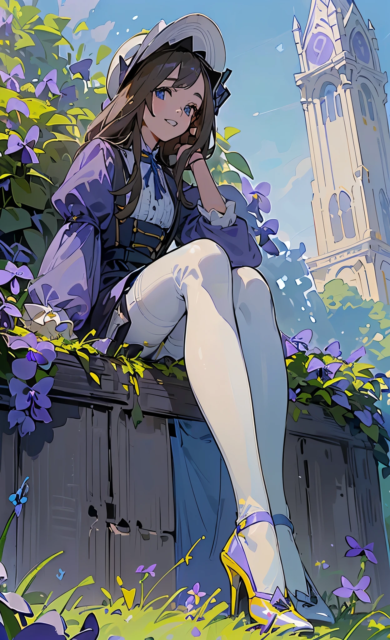 1girll, (((cabellos largos dorados))), (((blue color eyes))),Light smile, Hat,(((Sitting))),Outdoors,(((blue clear skies))),(((Violets grow on the grass next to it))),((((Anne Hathaway)))),(((white stockings))),(((Wear blue high heels))),happy
