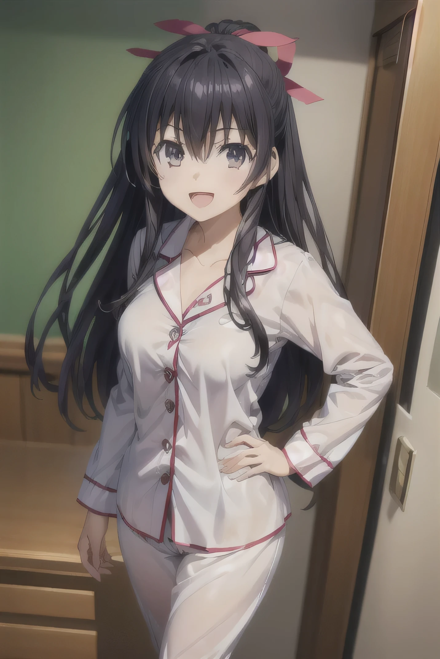 (((pixel-perfect, detail-perfect))), solo, 1girl, tohka yatogami, , looking at viewer, smile, :d in sexy pyjamas