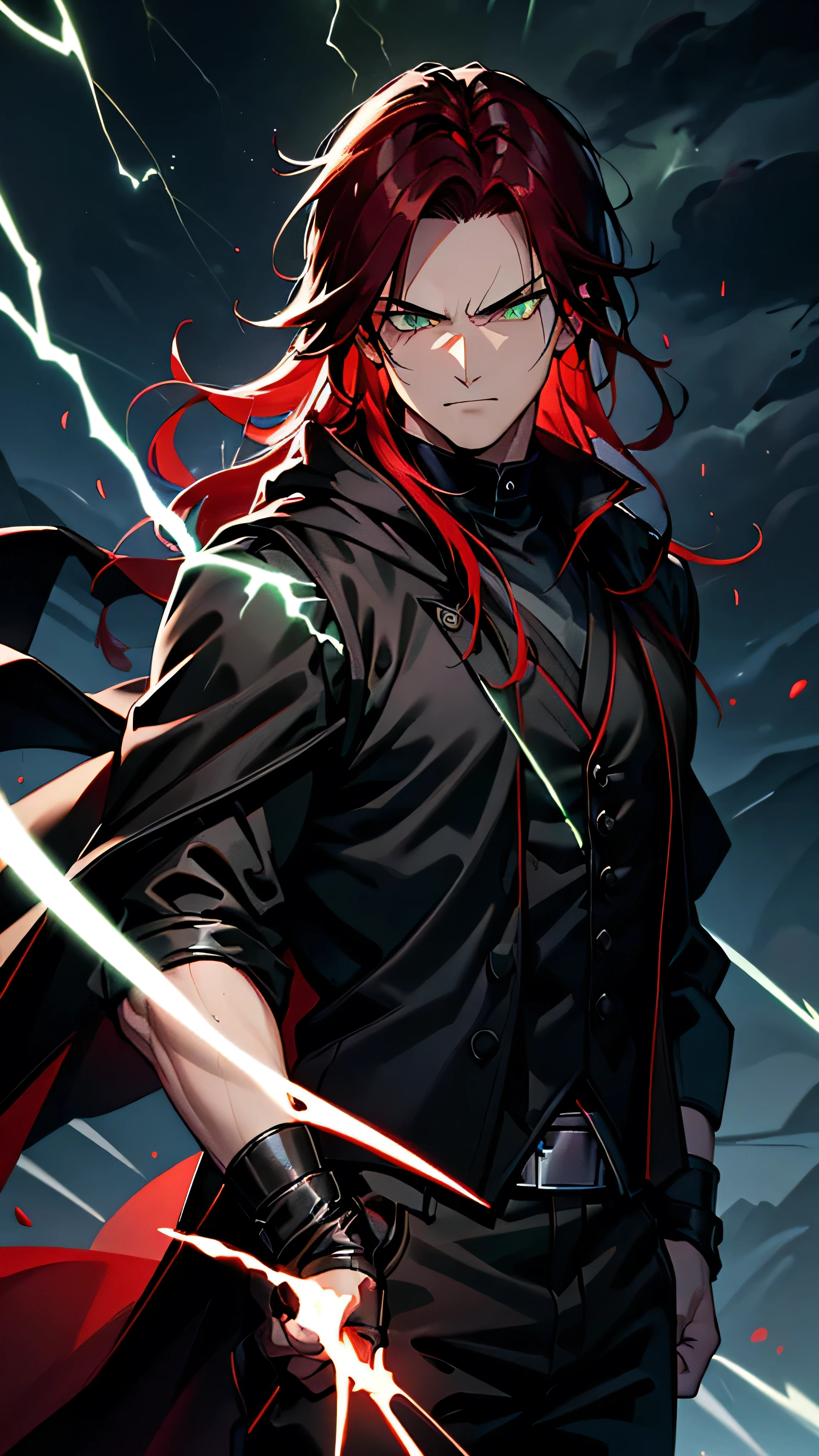 Male ninja, man, highly detailed, masterpiece, best quality, correct hands, long red hair, long hair, green eyes, bright green eyes, ((black pants, black cloak, black shirt, black vest,)) smug look, mountain background, storm, lightning, stormy atmosphere, surrounded by lightning, green lightning, green static sparks,