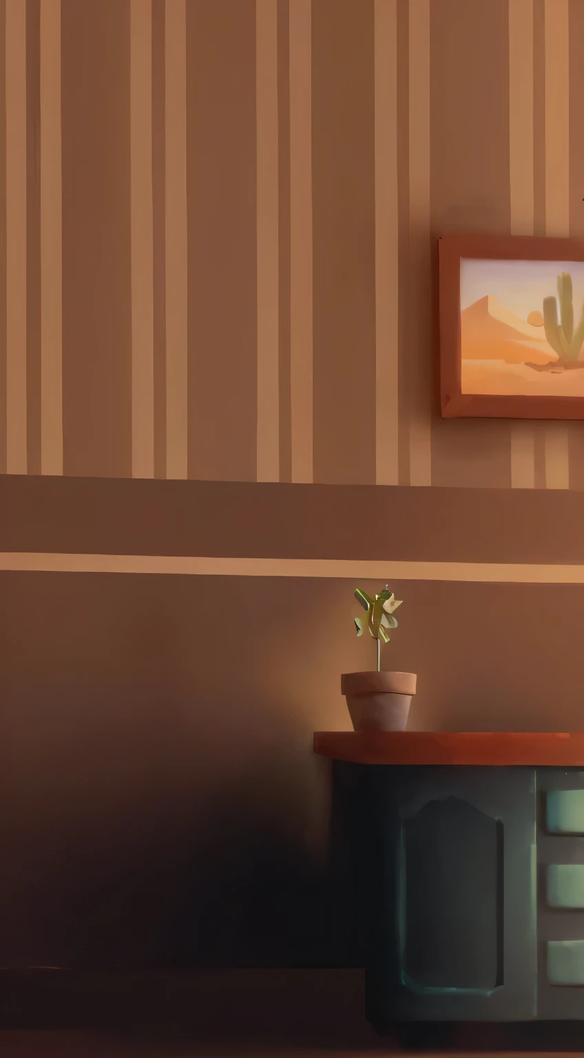 There is a painting of a cactus plant on the shelf in the room, interior background technology, background technology, Cozy cafe background, Stylization, Warm home background, Random background scenes, Personal room background, background technologywork, Concept art of Stylization, Interior background, realistic Establishing Shot, Bedroom background, Establishing Shot, Inspired by veteran environment artists, Dusty environment