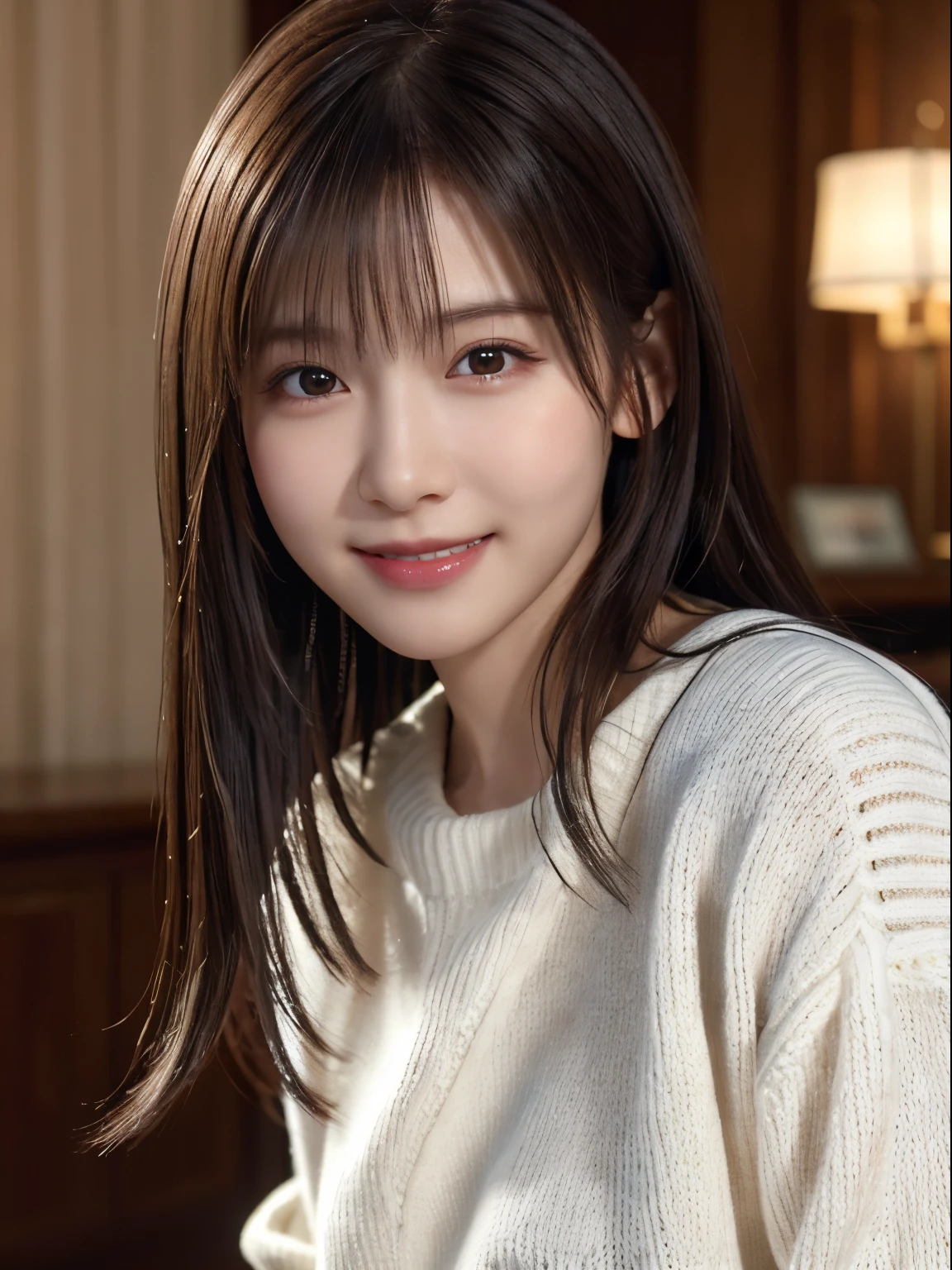 1 Japanese girl,(White sweater:1.4), (RAW Photos, highest quality), (Realistic, Realistic:1.4), Tabletop, Very delicate and beautiful, Very detailed, 8k wallpaper, wonderful, In detail, Very detailedなCG Unity, High resolution, Soft Light, Beautiful details 19 years old, Very detailedな目と顔, Beautiful and sophisticated nose, Beautiful details,Cinema Lighting,Perfect Anatomy,Slender body,smile  (Asymmetrical bangs,)