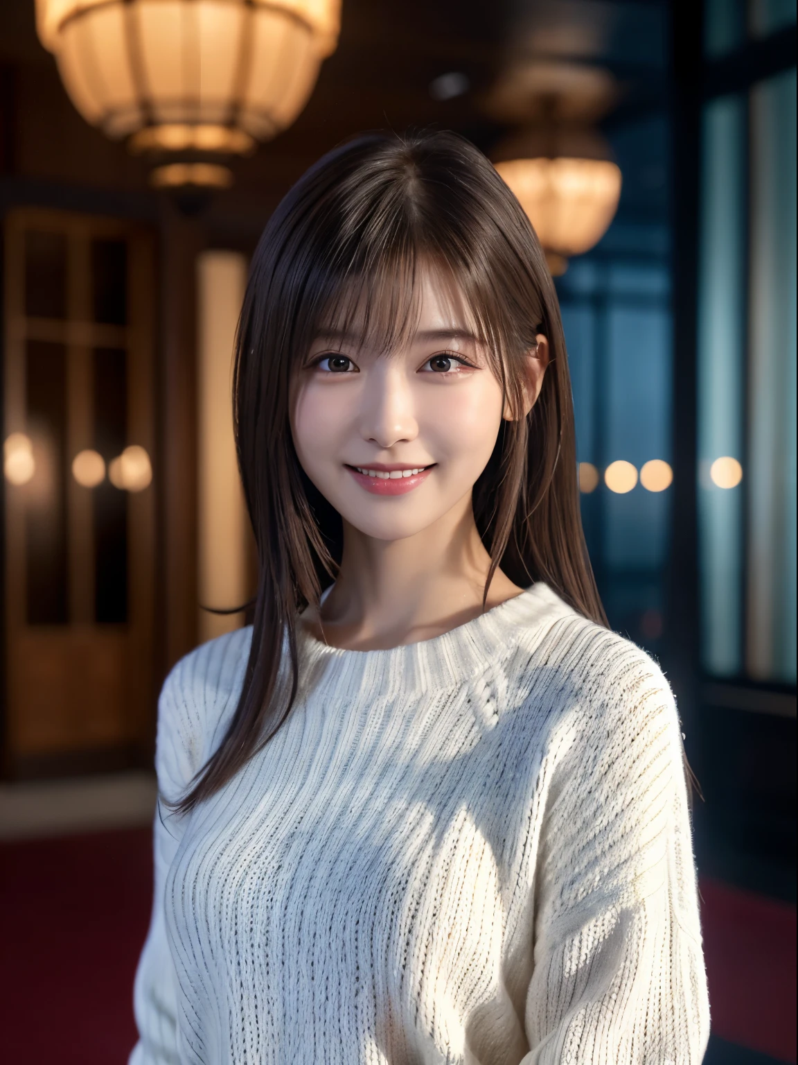 1 Japanese girl,(White sweater:1.4), (RAW Photos, highest quality), (Realistic, Realistic:1.4), Tabletop, Very delicate and beautiful, Very detailed, 8k wallpaper, wonderful, In detail, Very detailedなCG Unity, High resolution, Soft Light, Beautiful details 19 years old, Very detailedな目と顔, Beautiful and sophisticated nose, Beautiful details,Cinema Lighting,Perfect Anatomy,Slender body,smile  (Asymmetrical bangs,)