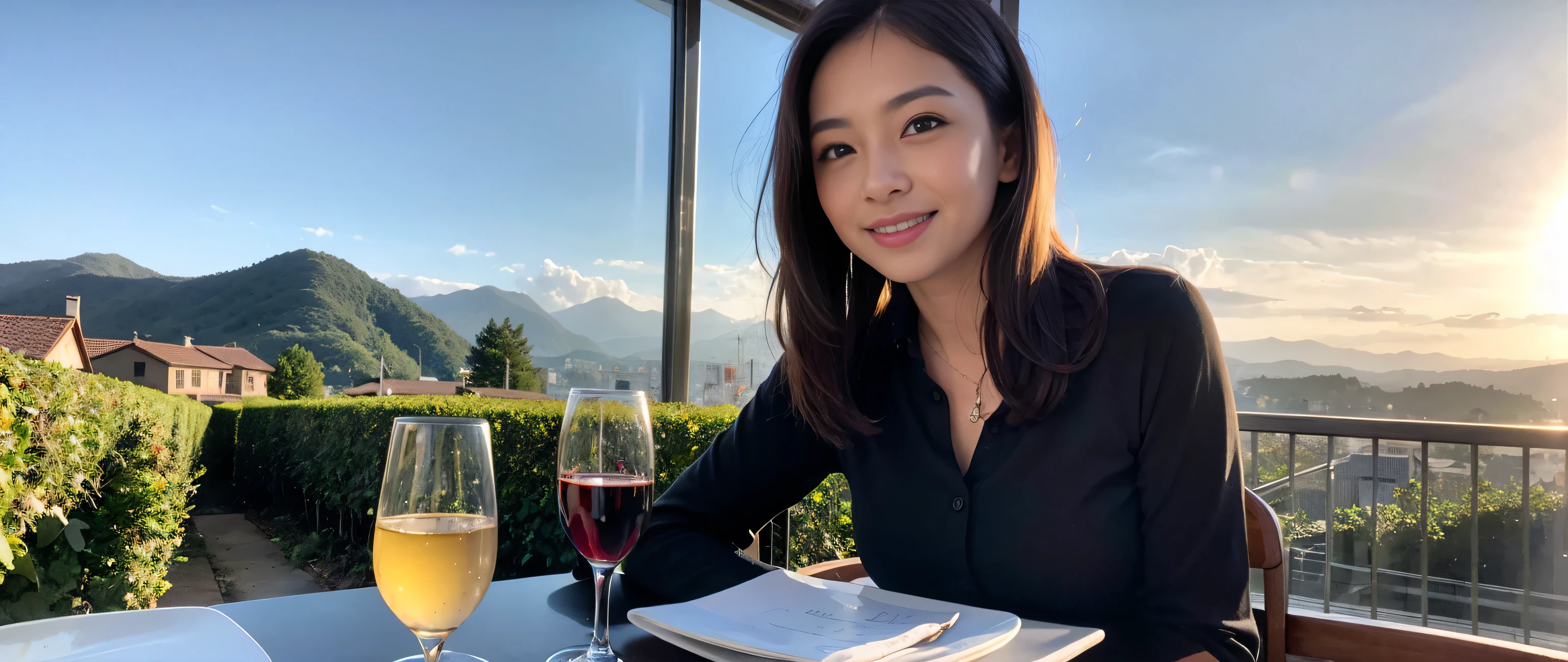 ((highest quality、8k、masterpiece:1.3))、Two beautiful women、Slim body、((Bob Hale、Straight hair:1.2))、(to be born, highest quality, masterpiece:1.5), (Realistic, Intricate details:1.2), Ultra-high resolution, Wine glass on the table、Lighting the face、Amazing view of the sunset sky and clouds、Amazing mountain views、A bright smile、A lovely woman with a smile、Bright image、The beauty of wine, Beautiful Face, blue eyes, The light shines on your face, Blushing, short hair,Bright Face、 (36 years old), 39 years old, Lady、red wine 、Appetizers、Italian food、Wine bottle、Champagne、sparkling wine、Two beauties、Brown Hair、Shortcuts、Long sleeve shirt、dress、Pretty Woman 1, (Slim face), (The body is slim), (Brown Hair), (Shortcuts), cheeks turn a little red,Attractive beauty、, Out of the window, A beautiful and detailed night view unfolds.........., restaurant, In a prominent place (From the waist up) Nova Frog Style, actress, model, Upper Body, White wine, slim, wine glass, A wine glass placed in the middle, smile, (smile: 1.15), Beautiful fine grain, Depth f/2,saturation, High Contrast, Strong light and shadow,Moist Body:1.5、3D texture、Delicate eyes、Brown Hair、The hair is very shiny、