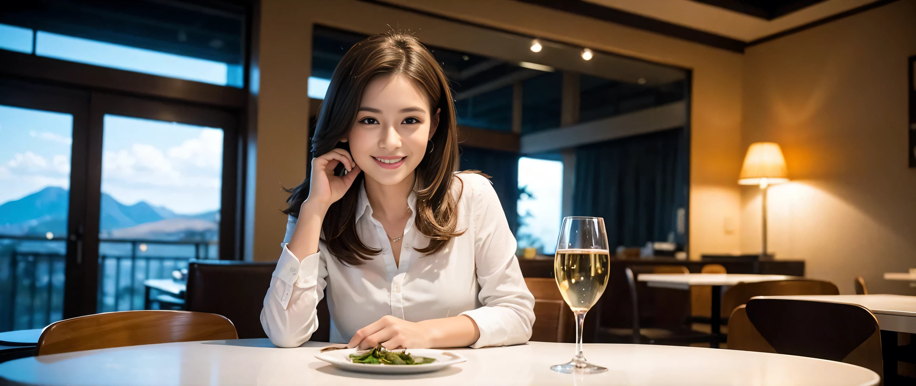 ((highest quality、8k、masterpiece:1.3))、Two beautiful women、Slim body、((Bob Hale、Straight hair:1.2))、(to be born, highest quality, masterpiece:1.5), (Realistic, Intricate details:1.2), Ultra-high resolution, Wine glass on the table、Lighting the face、Amazing view of the sunset sky and clouds、Amazing mountain views、A bright smile、A lovely woman with a smile、Bright image、The beauty of wine, Beautiful Face, blue eyes, The light shines on your face, Blushing, short hair,Bright Face、 (36 years old), 39 years old, Lady、red wine 、Appetizers、Italian food、Wine bottle、Champagne、sparkling wine、Two beauties、Brown Hair、Shortcuts、Long sleeve shirt、dress、Pretty Woman 1, (Slim face), (The body is slim), (Brown Hair), (Shortcuts), cheeks turn a little red,Attractive beauty、, Out of the window, A beautiful and detailed night view unfolds.........., restaurant, In a prominent place (From the waist up) Nova Frog Style, actress, model, Upper Body, White wine, slim, wine glass, A wine glass placed in the middle, smile, (smile: 1.15), Beautiful fine grain, Depth f/2,saturation, High Contrast, Strong light and shadow,Moist Body:1.5、3D texture、Delicate eyes、Brown Hair、The hair is very shiny、