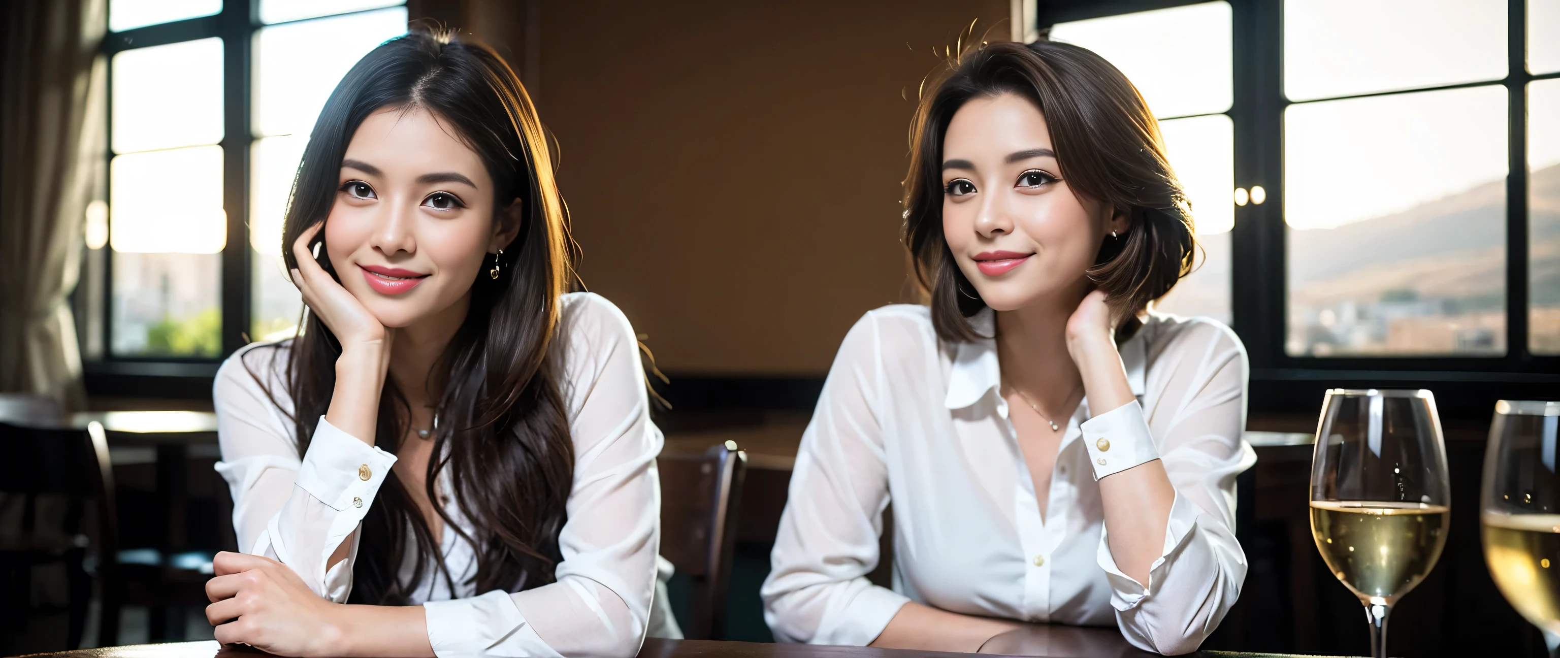 ((highest quality、8k、masterpiece:1.3))、Two beautiful women、Slim body、((Bob Hale、Straight hair:1.2))、(to be born, highest quality, masterpiece:1.5), (Realistic, Intricate details:1.2), Ultra-high resolution, Wine glass on the table、Lighting the face、Amazing view of the sunset sky and clouds、Amazing mountain views、A bright smile、A lovely woman with a smile、Bright image、The beauty of wine, Beautiful Face, blue eyes, The light shines on your face, Blushing, short hair,Bright Face、 (36 years old), 39 years old, Lady、red wine 、Appetizers、Italian food、Wine bottle、Champagne、sparkling wine、Two beauties、Brown Hair、Shortcuts、Long sleeve shirt、dress、Pretty Woman 1, (Slim face), (The body is slim), (Brown Hair), (Shortcuts), cheeks turn a little red,Attractive beauty、, Out of the window, A beautiful and detailed night view unfolds.........., restaurant, In a prominent place (From the waist up) Nova Frog Style, actress, model, Upper Body, White wine, slim, wine glass, A wine glass placed in the middle, smile, (smile: 1.15), Beautiful fine grain, Depth f/2,saturation, High Contrast, Strong light and shadow,Moist Body:1.5、3D texture、Delicate eyes、Brown Hair、The hair is very shiny、