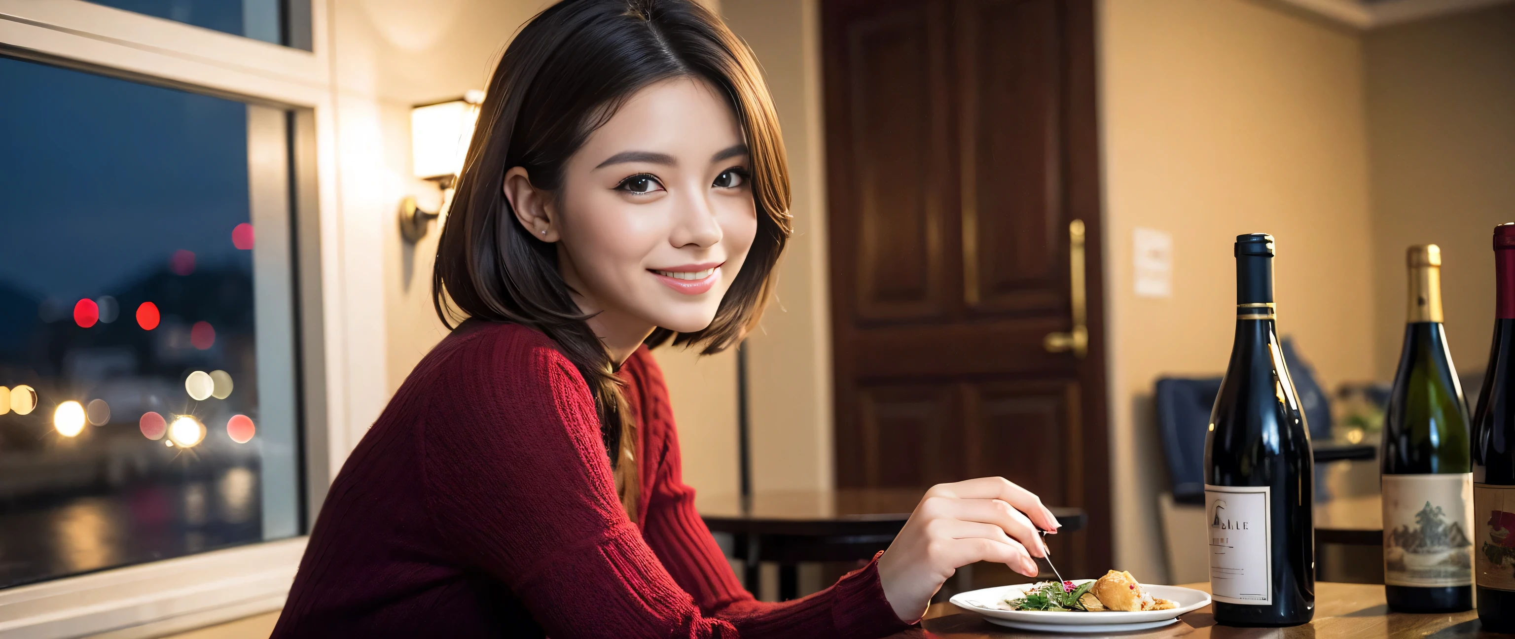 ((highest quality、8k、masterpiece:1.3))、Two beautiful women、Slim body、((Bob Hale、Straight hair:1.2))、(to be born, highest quality, masterpiece:1.5), (Realistic, Intricate details:1.2), Ultra-high resolution, Wine glass on the table、Lighting the face、Amazing view of the sunset sky and clouds、Amazing mountain views、A bright smile、A lovely woman with a smile、Bright image、The beauty of wine, Beautiful Face, blue eyes, The light shines on your face, Blushing, short hair,Bright Face、 (36 years old), 39 years old, Lady、red wine 、Appetizers、Italian food、Wine bottle、Champagne、sparkling wine、Two beauties、Brown Hair、Shortcuts、Long sleeve shirt、dress、Pretty Woman 1, (Slim face), (The body is slim), (Brown Hair), (Shortcuts), cheeks turn a little red,Attractive beauty、, Out of the window, A beautiful and detailed night view unfolds.........., restaurant, In a prominent place (From the waist up) Nova Frog Style, actress, model, Upper Body, White wine, slim, wine glass, A wine glass placed in the middle, smile, (smile: 1.15), Beautiful fine grain, Depth f/2,saturation, High Contrast, Strong light and shadow,Moist Body:1.5、3D texture、Delicate eyes、Brown Hair、The hair is very shiny、