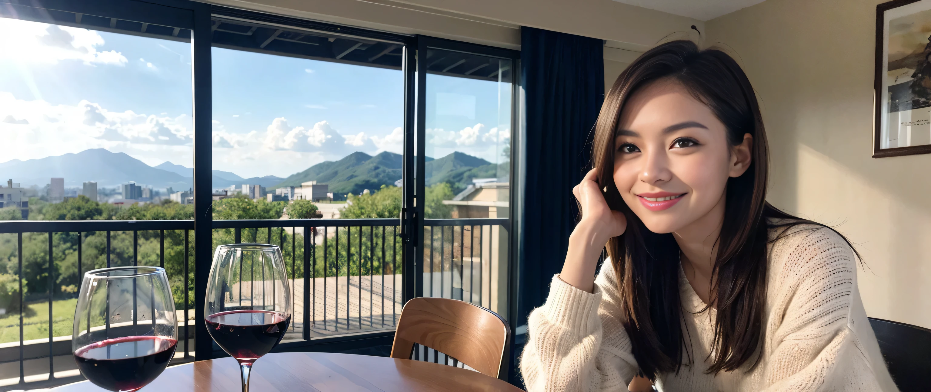 ((highest quality、8k、masterpiece:1.3))、Two beautiful women、Slim body、((Bob Hale、Straight hair:1.2))、(to be born, highest quality, masterpiece:1.5), (Realistic, Intricate details:1.2), Ultra-high resolution, Wine glass on the table、Lighting the face、Amazing view of the sunset sky and clouds、Amazing mountain views、A bright smile、A lovely woman with a smile、Bright image、The beauty of wine, Beautiful Face, blue eyes, The light shines on your face, Blushing, short hair,Bright Face、 (36 years old), 39 years old, Lady、red wine 、Appetizers、Italian food、Wine bottle、Champagne、sparkling wine、Two beauties、Brown Hair、Shortcuts、Long sleeve shirt、dress、Pretty Woman 1, (Slim face), (The body is slim), (Brown Hair), (Shortcuts), cheeks turn a little red,Attractive beauty、, Out of the window, A beautiful and detailed night view unfolds.........., restaurant, In a prominent place (From the waist up) Nova Frog Style, actress, model, Upper Body, White wine, slim, wine glass, A wine glass placed in the middle, smile, (smile: 1.15), Beautiful fine grain, Depth f/2,saturation, High Contrast, Strong light and shadow,Moist Body:1.5、3D texture、Delicate eyes、Brown Hair、The hair is very shiny、
