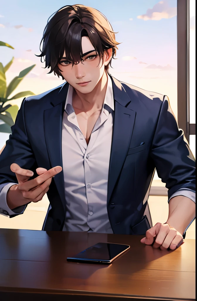 masterpiece, highest quality, 1 person, Adult, Men&#39;s Center, alone, Medium Black Hair, Bright black eyes, View your viewers, Mouth closed, Emo, Fantasy Aesthetics, Very detailed, Shadowverse Style, Leather coat