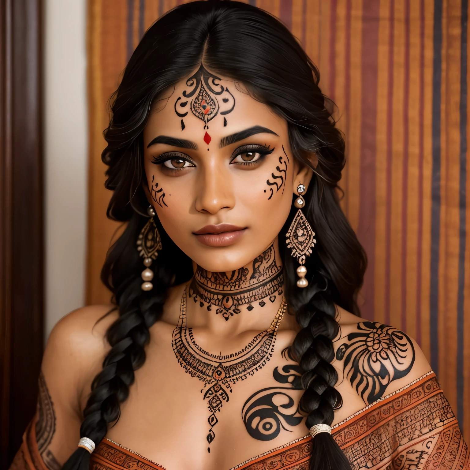 Photo of a 25-year-old Vute Indian girl, raw, Stunning woman, (Long black braided hair), ((Portrait)), ((Detailed face:1.2)), ((detailed facial features, intricate tribal designs)), dark skin, tanned, ((Portrait)), ((Detailed face, featuring traditional henna tattoos)), wrapped in a saree, Home environment, Sitting on a vibrant, patterned rug, (Warm color palette), moist, Reflectors, (Masterpiece) (photorealistic) (Best Quality) (Detailed) photographed in a Canon EOS R5, 50mm Lens, F/2