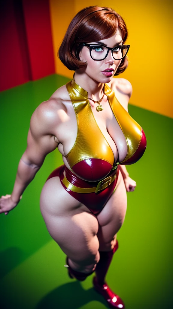 ((masterpiece, best quality, ultra-detailed, ultra-HD, photorealistic, cinematic)), (wide camera shot, full body view:1.5), (sensual pose, standing), (alluring and voluptuous female as Velma Dinkley:1.2), perfect anatomy, perfect face, proportioned hands, (deep shade of auburn with a slight natural wave hair color, chin-length bob with blunt bangs hairstyle:1.3), (retro-chic style outfit, knee-length and Glossy enamel maroon swimsuit:1.2), (a matching maroon belt that cinches at her waist:1.2), (thick-framed black square glasses), (wears knee-high, mustard-yellow socks that peek out just above her brown, sensible lace-up shoes), (sports a delicate, gold pendant necklace), (vibrant orange cardigan slung over her shoulders), ((dynamic background)),  Hyper_girl, (huge breasts:1.1)