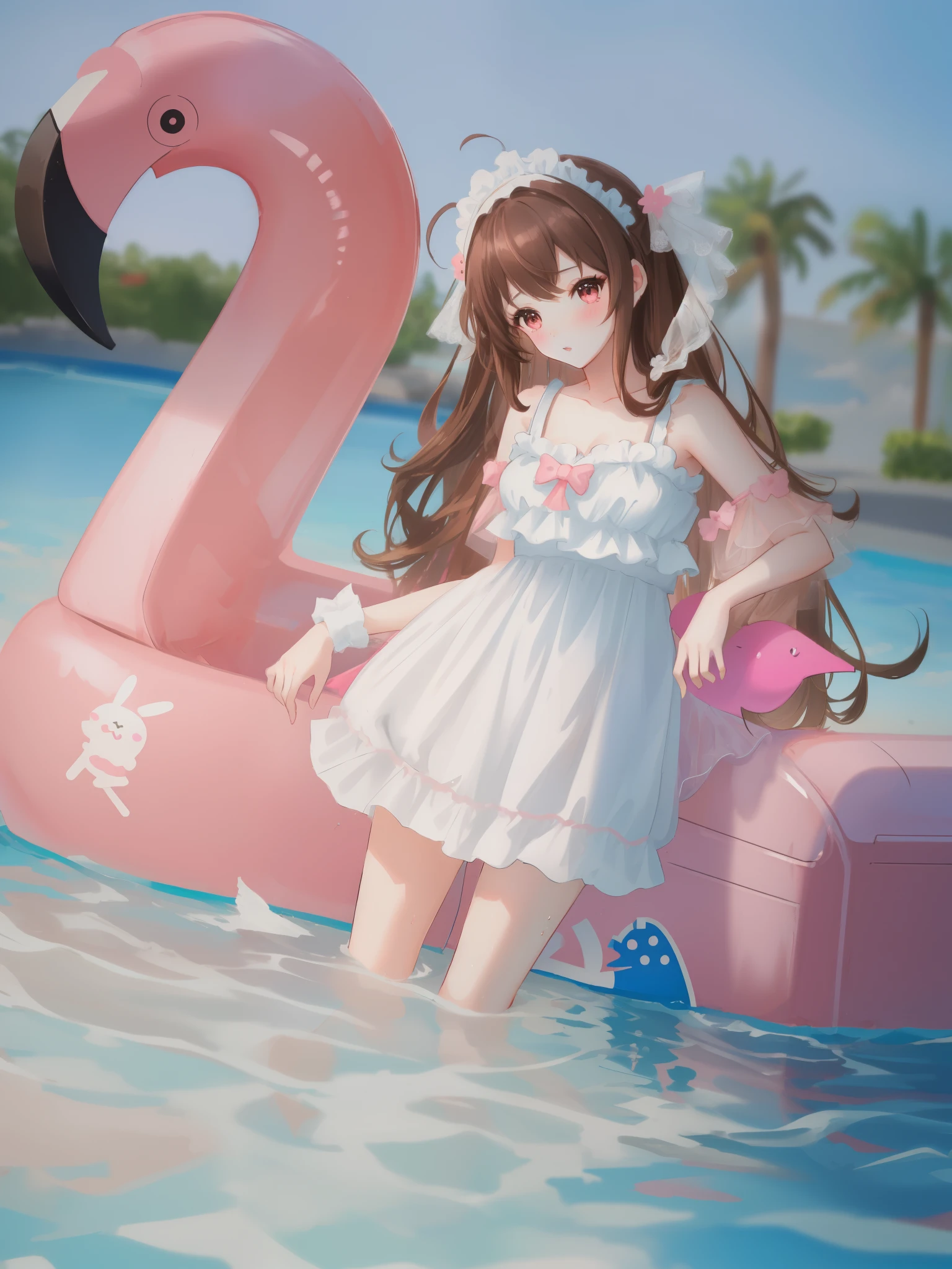 (brown long hair swept bangs:1.3), there is a woman in a white dress standing in a pool with a pink flamingo, elegant floating pose, wearing two - piece swimsuit, is wearing a swimsuit, anime girl cosplay, ultrarealistic sweet bunny girl, belle delphine, cute anime waifu in a nice dress, lolita style, sakimichan, swimsuit, cute kawaii girl, lolita fashion, guweiz