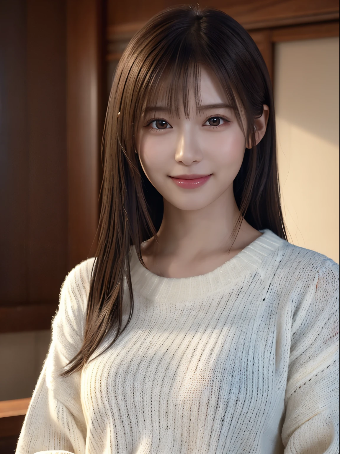 1 Japanese girl,(White sweater:1.4), (RAW Photos, highest quality), (Realistic, Realistic:1.4), Tabletop, Very delicate and beautiful, Very detailed, 8k wallpaper, wonderful, In detail, Very detailedなCG Unity, High resolution, Soft Light, Beautiful details 19 years old, Very detailedな目と顔, Beautiful and sophisticated nose, Beautiful details,Cinema Lighting,Perfect Anatomy,Slender body,smile  (Asymmetrical bangs,)