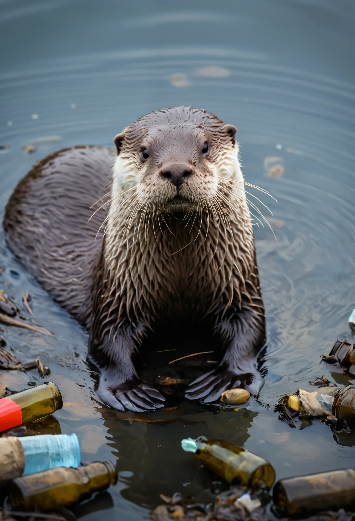 ASCIIthe image appears to be a candid or documentary style shot, capturing an unexpected scene of an otter amidst a significant amount of litter in water. the focus is on the otter's face and its immediate surroundings, with the background showing more floating bottles and debris. the colors in the image are mainly neutral, but the different colored plastic bottles stand out against the grayish blue of the water and the otter's fur.,the image captures a heartbreaking scene of an otter, its fur soaked and dirty, standing amidst a sea of litter in what appears to be water. the otter's eyes are focused on the camera, reflecting a sense of sadness or distress. the surrounding area is filled with various types of litter, including plastic bottles, caps, and other debris. the colors of the litter vary, adding to the stark contrast between the natural world and the human made pollution. the otter seems to be trapped within this polluted environment, evoking feelings of concern for the well being of wildlife in such circumstances.