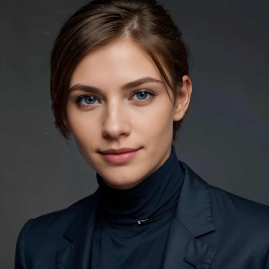headshot, (jacked bright blue eyes), upper body photo, (low fade haircut:1.14), dark blonde hair, (sunburned skin, 5 o'clock shadow) ((smirking, buff)), detailed face, detailed iris, blue eyes, full lips, ((cute, wearing a modern luxury dark navy blue suit, pocket handkerchief, buff, low fade haircut)), ((grey background, symmetrical facial features)), intricate details, studio lighting, 80mm, portrait, shallow depth of field, CEO, smirking, happy
