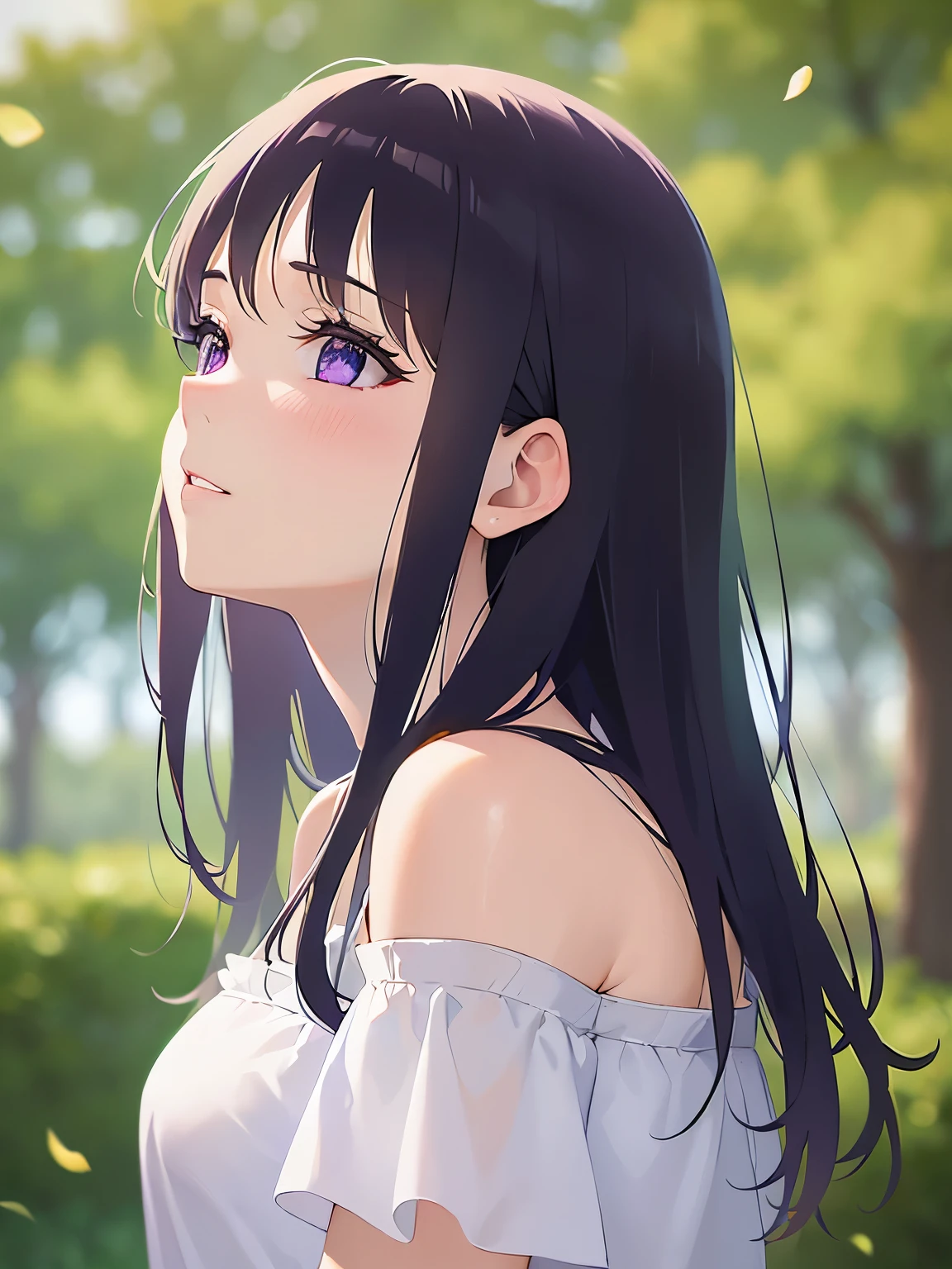 side angle、leaning forward, looking up, upper body, Realistic, real person, (pale skin: 1.2), (RAW photo:1.5), photorealistic, shiny skin, shiny hair、(A 25-year-old woman with straight hair and bangs) and (medium hair) and (black hair) and (purple eyes), (white:1.5) and (off shoulder blouse:1.2), (embarrassed, blush:1.2), The background is a park、alone、Are standing