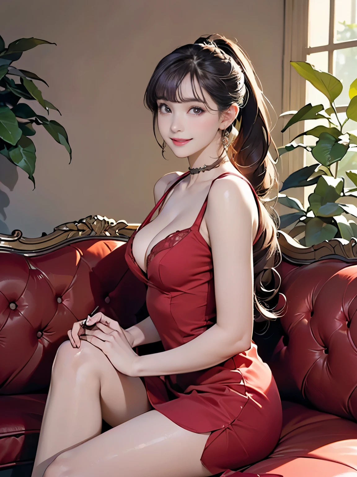 ((((highest quality))))、(((Ultra-precision CG16K wallpaper)))、(((masterpiece)))、(((Super detailed)))、(((Extreme detail)))、((1Mature 29 year old woman:1.6))、((Very beautiful Japanese faces))、((Zuo々Nozomi:1.5))、((Soft wavy long ponytail hair、blunt bangs:1.5))、(Shiny brown hair)、Beautiful Eyes、Clearly defined pupils、eyeliner、Eyeshadow、High nose、Small nostrils、Small Mouth、Seductive lips、Beautiful breasts、((C cup size breasts))、Cleavage、Beautiful feet、eight-headed body、Perfect proportions、Perfect Anatomy、Perfect composition、Beautiful detailed shading、Beautiful, natural lighting、Beautiful detail glow、Depth of written boundary、(((High chroma)))、(((Real:1.9)))、((vivid:1.5))、((Beautiful Skin))、((Skin Texture))、((Realな皮膚感))、(((Cowboy Shot:1.6)))、((Front view、shoot from front、Front low angle:1.6))、(((smile:1.7)))、((The woman is looking at this、looking at viewer、Facing forward:1.6))、Bright daylight、Natural light、(((Rooms with sofas、Foliage plant:1.5)))、(Sitting pose:1.6)、(((Wine red tulle dress:1.6)))、((choker、Wearing earrings:1.3))、(((Woman sitting on sofa:1.6)))、