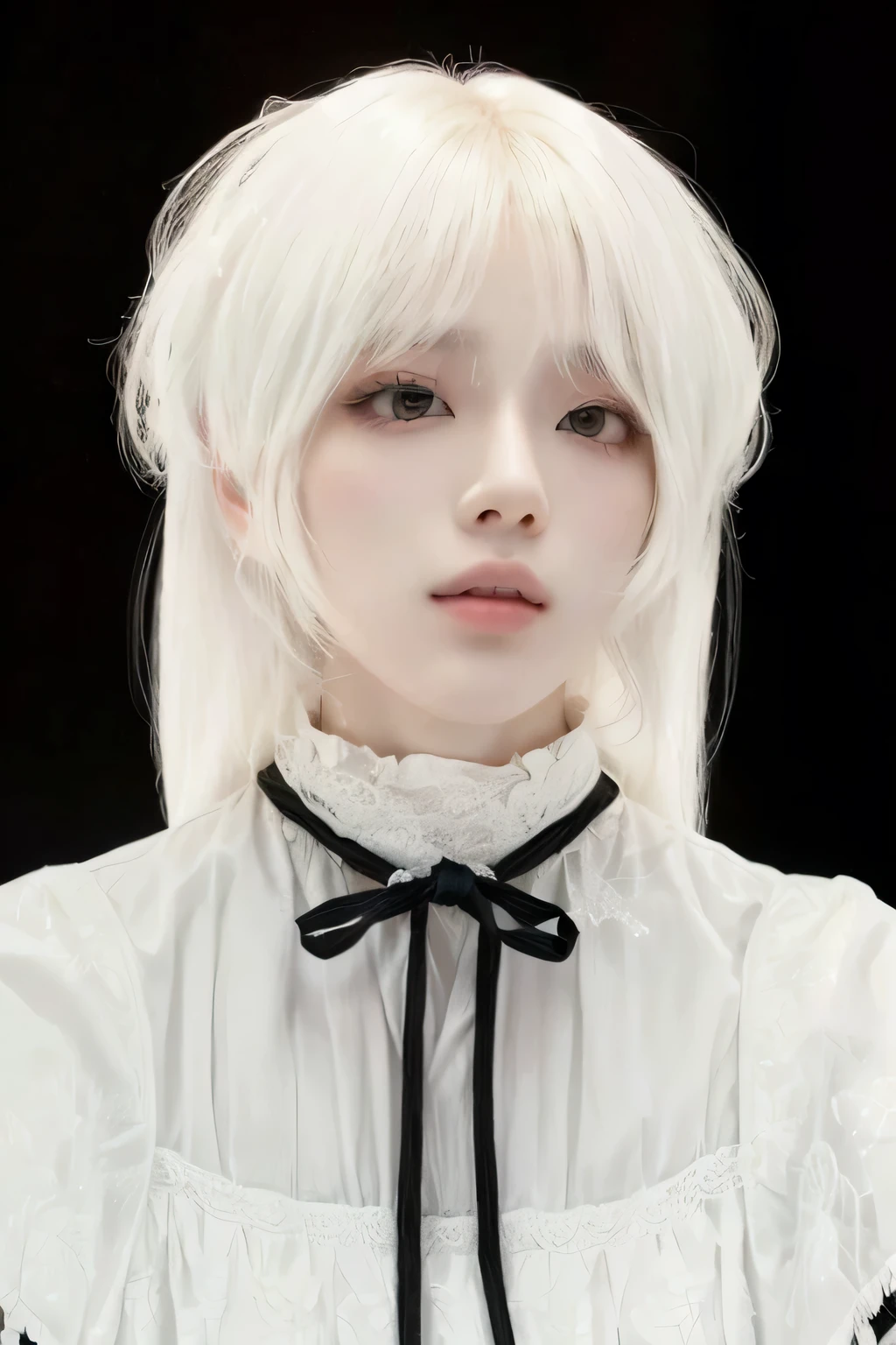 mulher loira com cabelo branco e gravata borboleta preta, Franja branca, cabelos brancos, retratar uma mulher como reol, de cabelos brancos, branco - cabelo loiro,  com cabelo branco, kpop idol portrait, delicate androgynous prince, rosto bonito de cabelo branco, cabelo branco com franjas, cai xukun, Retrato de Jossi do Blackpink