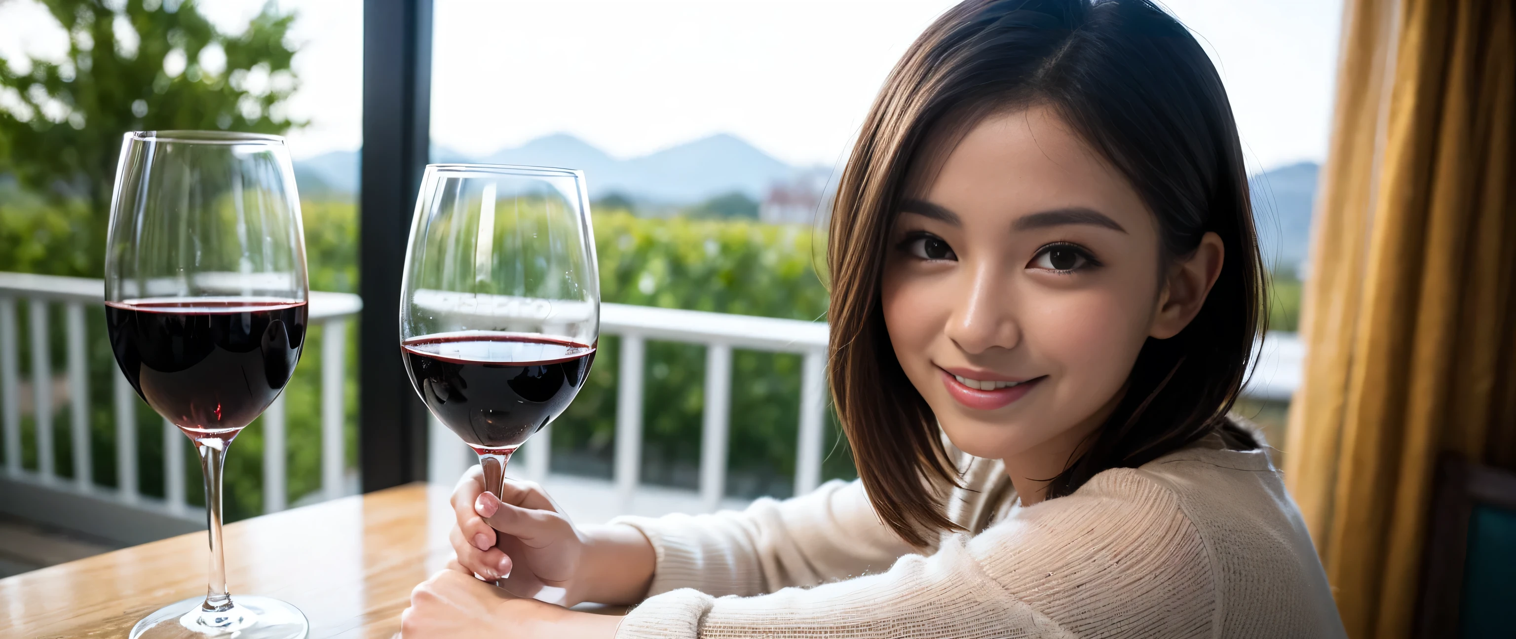 ((highest quality、8k、masterpiece:1.3))、Two beautiful women、Slim body、((Bob Hale、Straight hair:1.2))、(to be born, highest quality, masterpiece:1.5), (Realistic, Intricate details:1.2), Ultra-high resolution, Wine glass on the table、Lighting the face、Amazing view of the sunset sky and clouds、Amazing mountain views、A bright smile、A lovely woman with a smile、Bright image、The beauty of wine, Beautiful Face, blue eyes, The light shines on your face, Blushing, short hair,Bright Face、 (36 years old), 39 years old, Lady、red wine 、Appetizers、Italian food、Wine bottle、Champagne、sparkling wine、Two beauties、Brown Hair、Shortcuts、Long sleeve shirt、dress、Pretty Woman 1, (Slim face), (The body is slim), (Brown Hair), (Shortcuts), cheeks turn a little red,Attractive beauty、, Out of the window, A beautiful and detailed night view unfolds.........., restaurant, In a prominent place (From the waist up) Nova Frog Style, actress, model, Upper Body, White wine, slim, wine glass, A wine glass placed in the middle, smile, (smile: 1.15), Beautiful fine grain, Depth f/2,saturation, High Contrast, Strong light and shadow,Moist Body:1.5、3D texture、Delicate eyes、Brown Hair、The hair is very shiny、