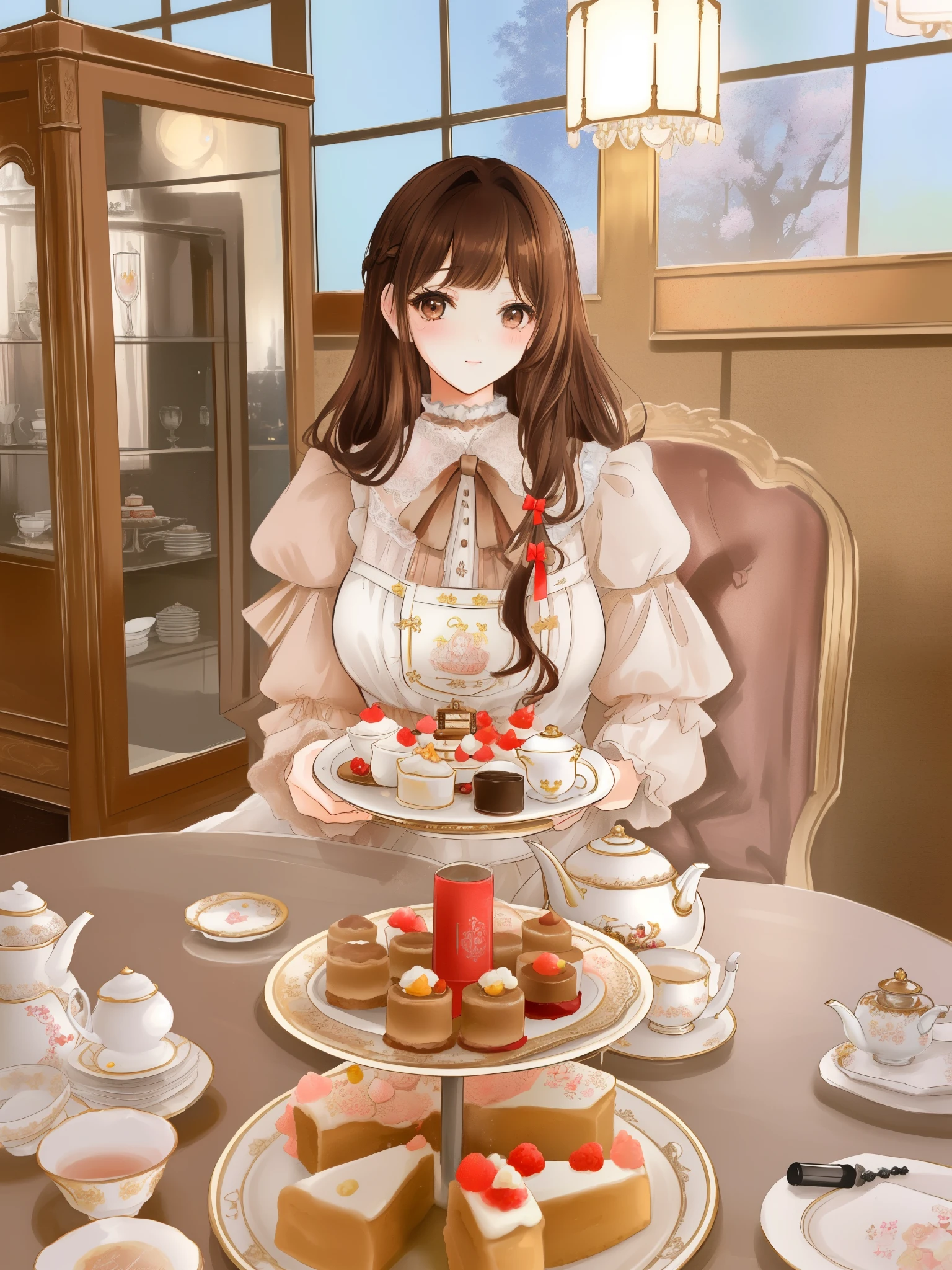 (brown long hair swept bangs:1.3), there is a woman sitting at a table with a plate of food, by Ayami Kojima, belle delphine, lolita style, surreal tea party, tea party, is ((drinking a cup of tea)), fairycore, alice attends mad tea , lolita fashion, eating cakes, cottagecore!!, the hime cut, victorian gothic lolita fashion, # rococo