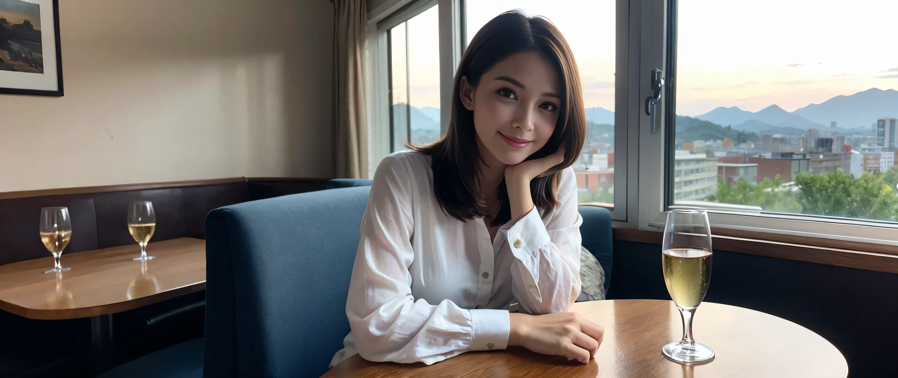 ((highest quality、8k、masterpiece:1.3))、Two beautiful women、Slim body、((Bob Hale、Straight hair:1.2))、(to be born, highest quality, masterpiece:1.5), (Realistic, Intricate details:1.2), Ultra-high resolution, Wine glass on the table、Lighting the face、Amazing view of the sunset sky and clouds、Amazing mountain views、A bright smile、A lovely woman with a smile、Bright image、The beauty of wine, Beautiful Face, blue eyes, The light shines on your face, Blushing, short hair,Bright Face、 (36 years old), 39 years old, Lady、red wine 、Appetizers、Italian food、Wine bottle、Champagne、sparkling wine、Two beauties、Brown Hair、Shortcuts、Long sleeve shirt、dress、Pretty Woman 1, (Slim face), (The body is slim), (Brown Hair), (Shortcuts), cheeks turn a little red,Attractive beauty、, Out of the window, A beautiful and detailed night view unfolds.........., restaurant, In a prominent place (From the waist up) Nova Frog Style, actress, model, Upper Body, White wine, slim, wine glass, A wine glass placed in the middle, smile, (smile: 1.15), Beautiful fine grain, Depth f/2,saturation, High Contrast, Strong light and shadow,Moist Body:1.5、3D texture、Delicate eyes、Brown Hair、The hair is very shiny、