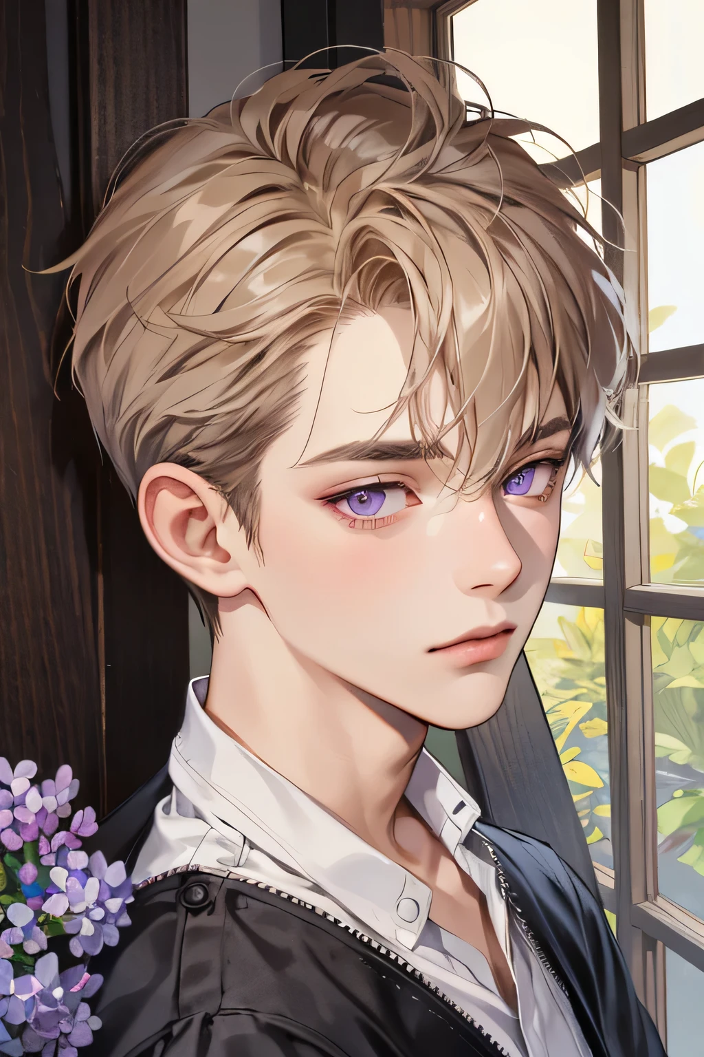 (extreamly delicate and beautiful:1.2), 8K,(masterpiece:1.0),(best_quality:1.0), 1boy, and intricate detailing, Enlarged textures, and intricate detailing, finely eye and detailed face, and intricate detailing, brown short curl hair, (closed mouths), Perfect eyes, Equal eyes, purple eyes (A male god) perpect, lilac short hair, brown skintone, tan skintone, half body perfect