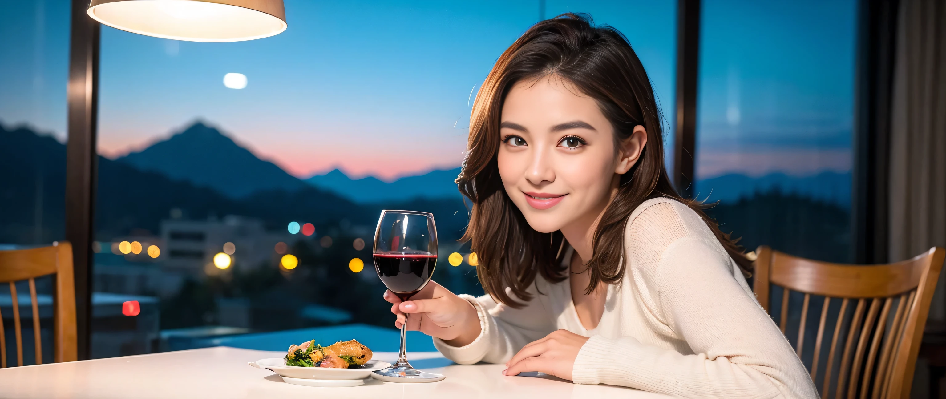 ((highest quality、8k、masterpiece:1.3))、Two beautiful women、Slim body、((Bob Hale、Straight hair:1.2))、(to be born, highest quality, masterpiece:1.5), (Realistic, Intricate details:1.2), Ultra-high resolution, Wine glass on the table、Lighting the face、Amazing view of the sunset sky and clouds、Amazing mountain views、A bright smile、A lovely woman with a smile、Bright image、The beauty of wine, Beautiful Face, blue eyes, The light shines on your face, Blushing, short hair,Bright Face、 (41 years old), 39 years old, Lady、red wine 、Appetizers、Italian food、Wine bottle、Champagne、sparkling wine、Two beauties、Brown Hair、Shortcuts、Long sleeve shirt、dress、Pretty Woman 1, (Slim face), (The body is slim), (Brown Hair), (Shortcuts), cheeks turn a little red,Attractive beauty、, Out of the window, A beautiful and detailed night view unfolds.........., restaurant, In a prominent place (From the waist up) Nova Frog Style, actress, model, Upper Body, White wine, slim, wine glass, A wine glass placed in the middle, smile, (smile: 1.15), Beautiful fine grain, Depth f/2,saturation, High Contrast, Strong light and shadow,Moist Body:1.5、3D texture、Delicate eyes、Brown Hair、The hair is very shiny、