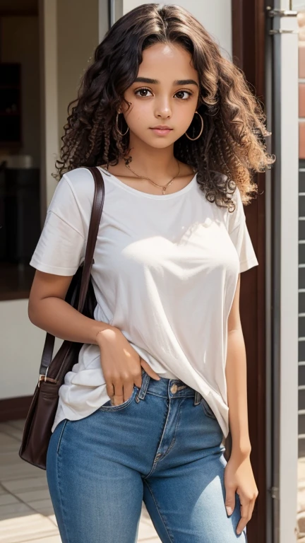 19-year-old brown girl, sad and curious eyes, big forehead, medium and perfect breasts, curly hair, brown eyes, casual clothes.
