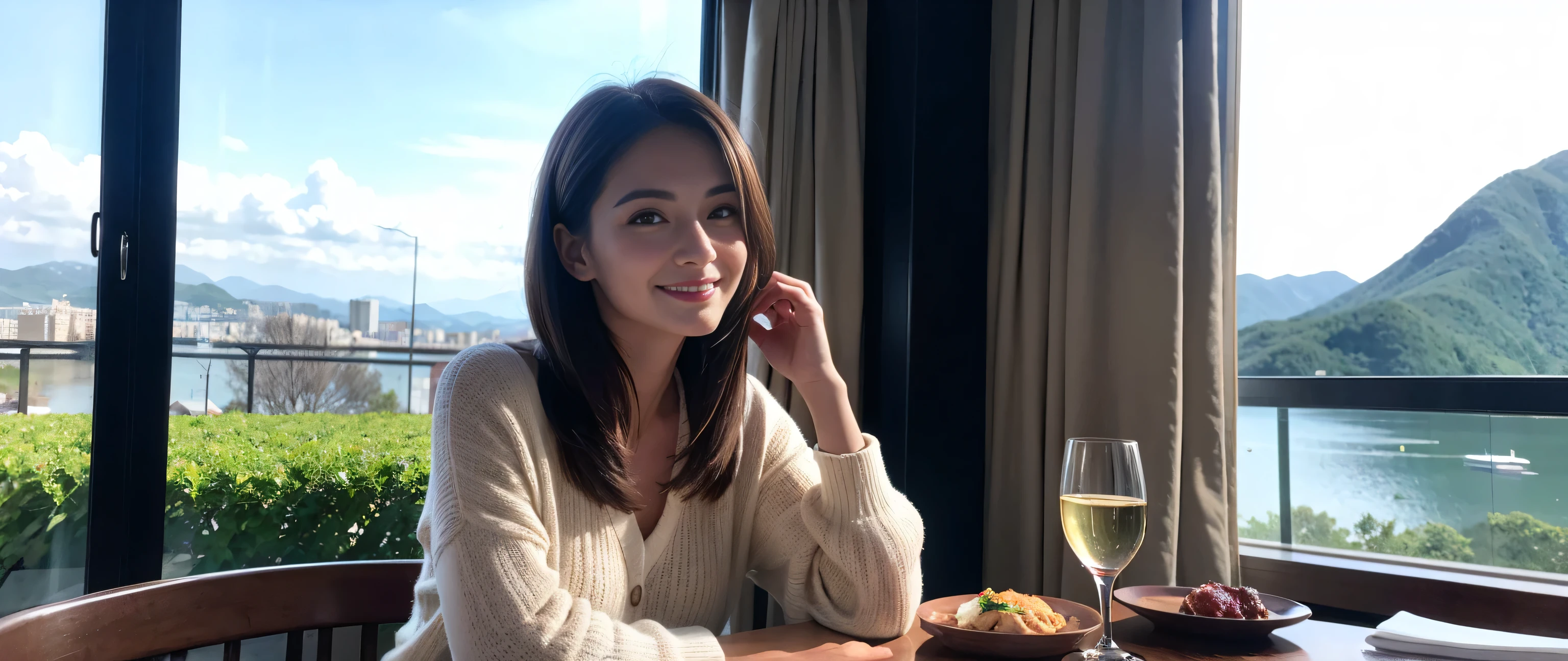 ((highest quality、8k、masterpiece:1.3))、Two beautiful women、Slim body、((Bob Hale、Straight hair:1.2))、(to be born, highest quality, masterpiece:1.5), (Realistic, Intricate details:1.2), Ultra-high resolution, Wine glass on the table、Lighting the face、Amazing view of the sunset sky and clouds、Amazing mountain views、A bright smile、A lovely woman with a smile、Bright image、The beauty of wine, Beautiful Face, blue eyes, The light shines on your face, Blushing, short hair,Bright Face、 (41 years old), 39 years old, Lady、red wine 、Appetizers、Italian food、Wine bottle、Champagne、sparkling wine、Two beauties、Brown Hair、Shortcuts、Long sleeve shirt、dress、Pretty Woman 1, (Slim face), (The body is slim), (Brown Hair), (Shortcuts), cheeks turn a little red,Attractive beauty、, Out of the window, A beautiful and detailed night view unfolds.........., restaurant, In a prominent place (From the waist up) Nova Frog Style, actress, model, Upper Body, White wine, slim, wine glass, A wine glass placed in the middle, smile, (smile: 1.15), Beautiful fine grain, Depth f/2,saturation, High Contrast, Strong light and shadow,Moist Body:1.5、3D texture、Delicate eyes、Brown Hair、The hair is very shiny、