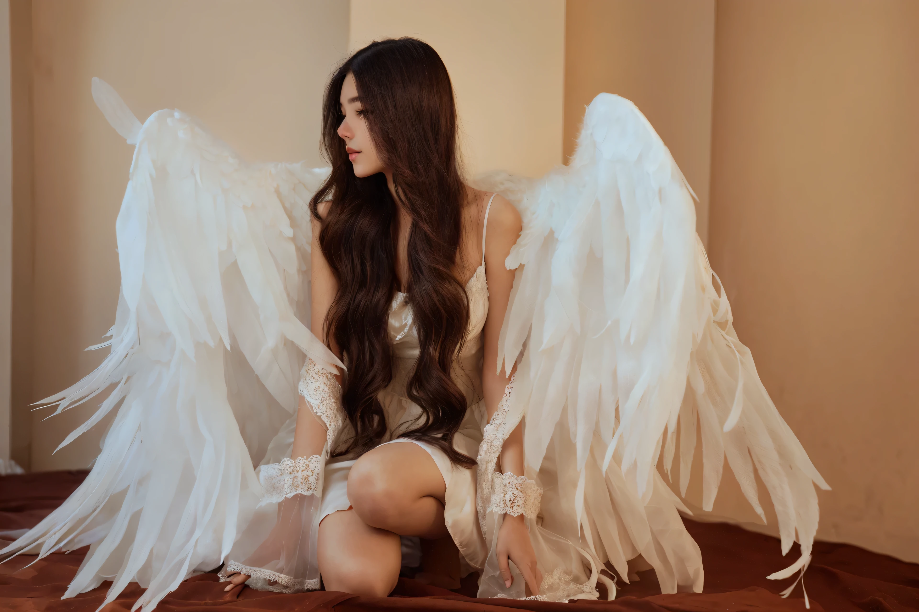 arafed woman sitting on a bed with white wings, of an beautiful angel girl, girl with angel wings, beautiful female angel, wearing angel, of beautiful angel, beautiful angel, angelic wings on her back, with beautiful wings, full - body majestic angel, beautiful angelic wings, angelic wings, angel, angel girl, ethereal wings, portrait of a beautiful angel