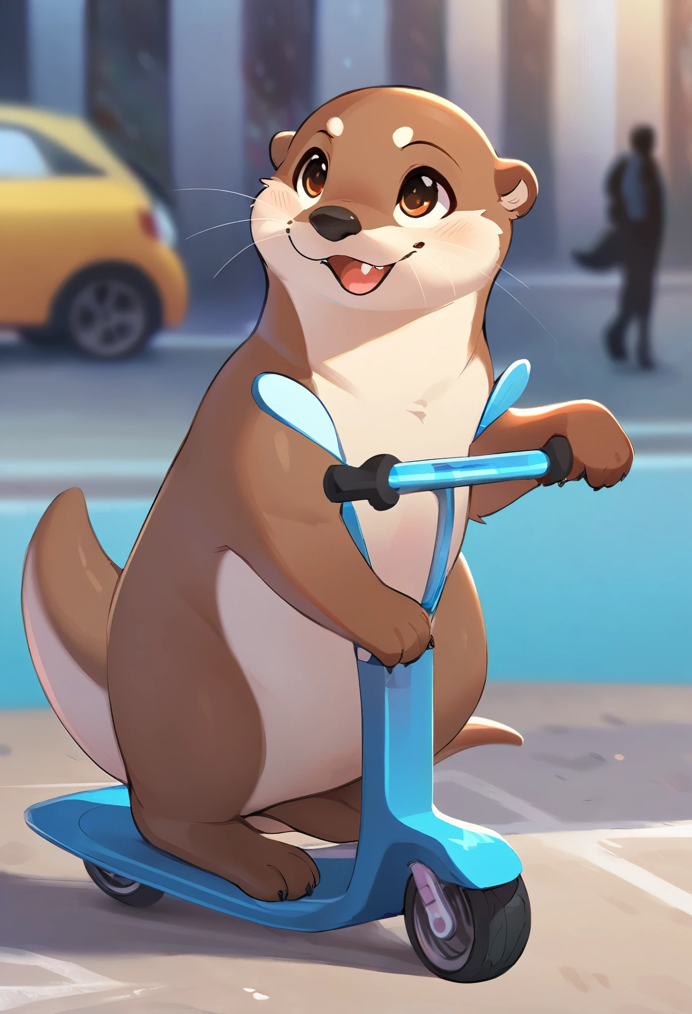 masterpiece, best quality, An otter on a scooter, cute and silly expression