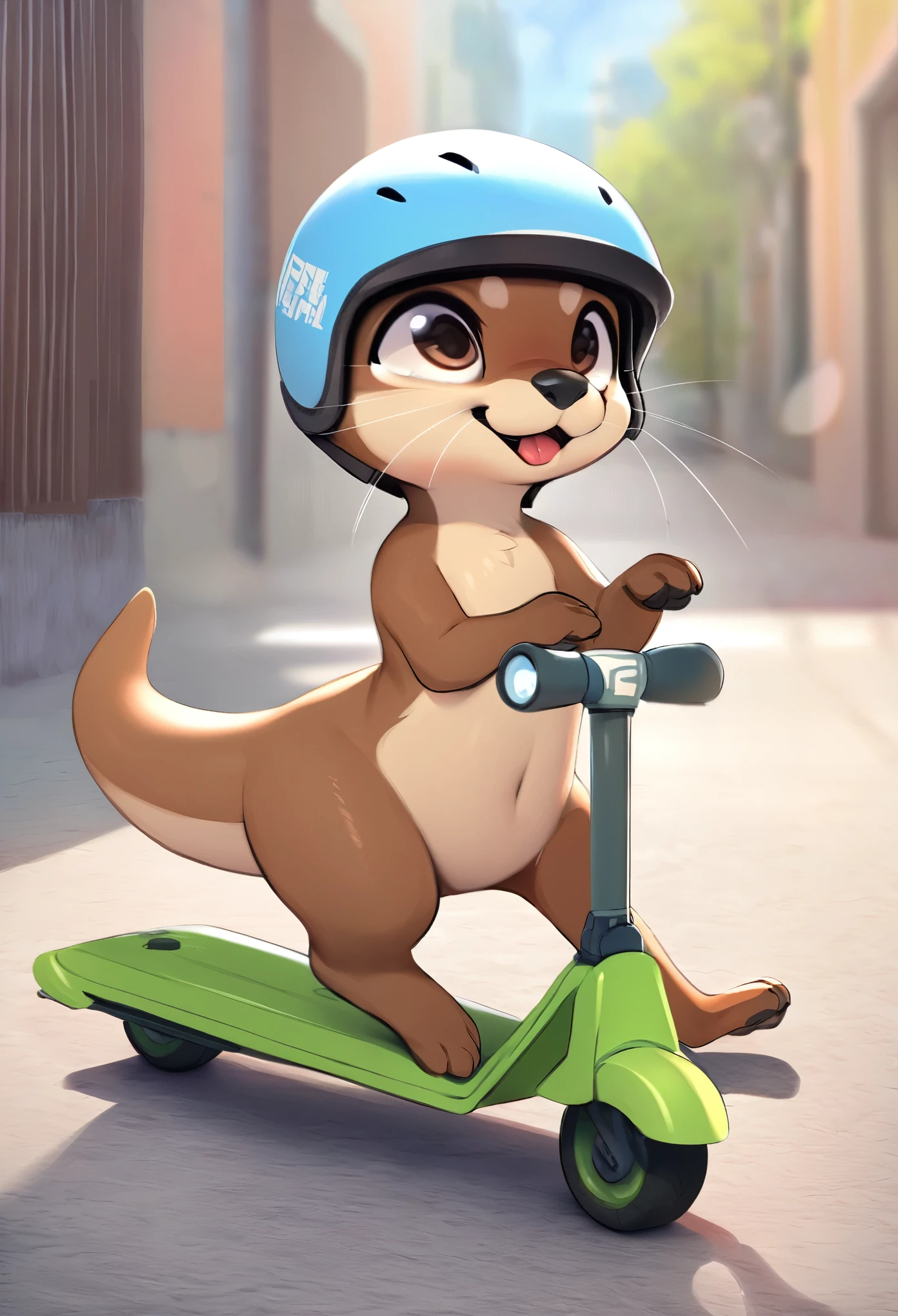 masterpiece, best quality, furry, funny, super deformed, An otter on a scooter, helmet, cute and silly expression