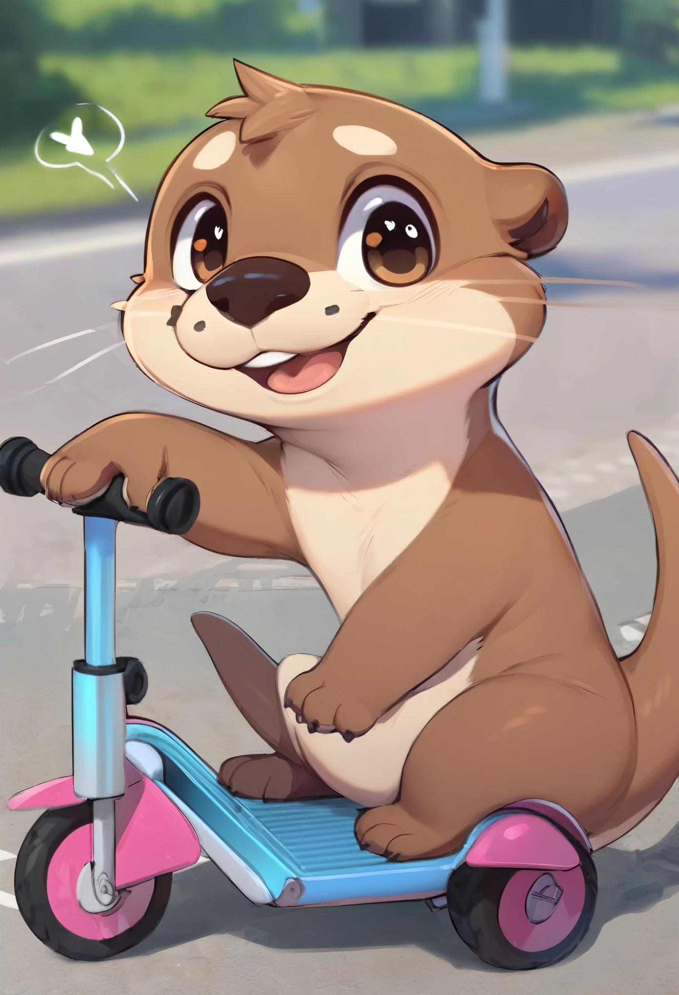 masterpiece, best quality, furry, funny, super deformed, An otter on a scooter, cute and silly expression