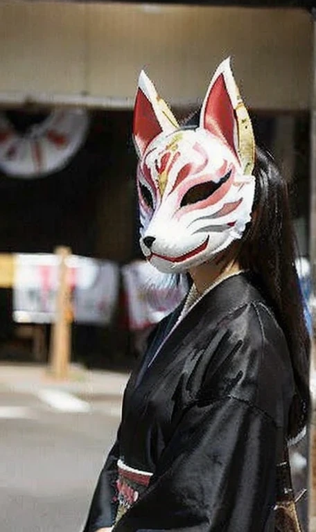 fox mask A person wears a fox mask on his face., woman, black kimono, ninja army