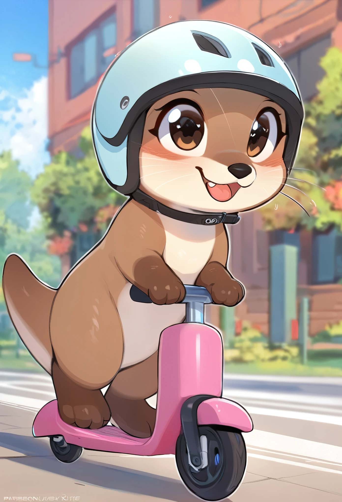 masterpiece, best quality, An otter on a scooter, helmet, cute and silly expression