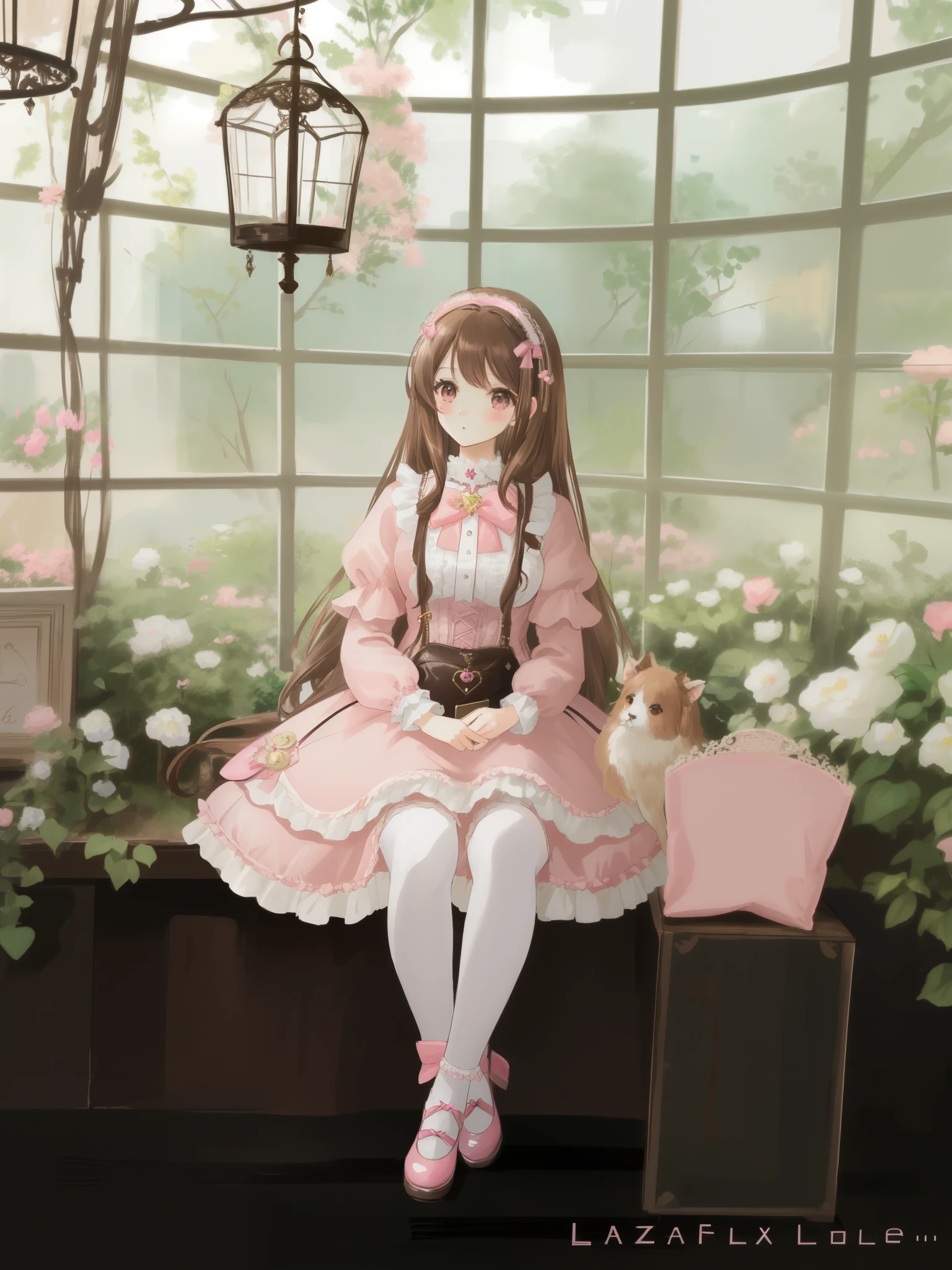 (brown long hair swept bangs:1.3), araffe girl sitting on a bench in a greenhouse with a pink purse, lolita style, lolita fashion, portrait of magical lolita girl, rococo dress, angelic pretty, rococo ruffles dress, fairycore, kawaii style, belle delphine, lolita,  in dress, dreamy style, victorian gothic lolita fashion, style of magical girl, pink pastel