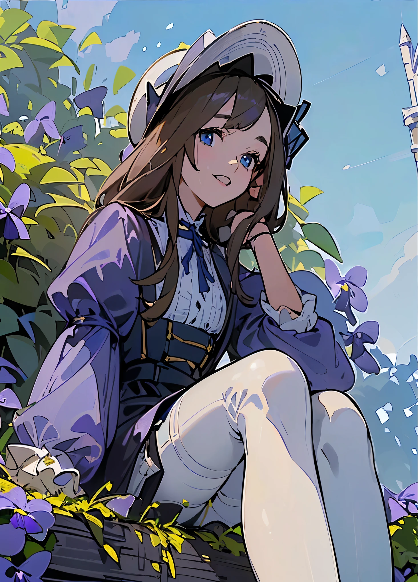 1girll, (((cabellos largos dorados))), (((blue color eyes))),Light smile, Hat,(((Sitting))),Outdoors,(((blue clear skies))),(((Violets grow on the grass next to it))),((((Anne Hathaway)))),(((white stockings))),(((Wear blue high heels))),happy