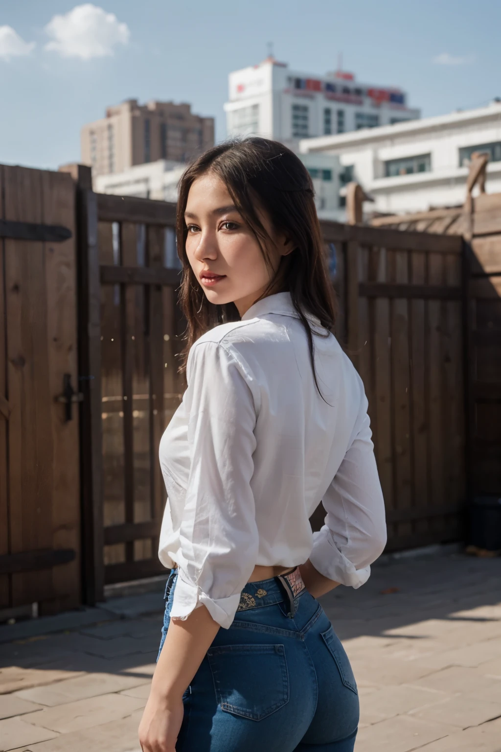 A professional portrait photograph of a gorgeous mongolian girl in wearing shirtand blue jeans, realistic, background mongolia ulaanbaatar, HDR 4K, 8K,black hair,