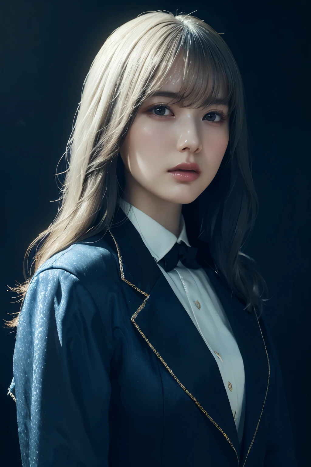 (Fantasy Art Photos, Realistic photos, 1 Girl in the dark, Dreamy Face, Deep shadows, Understated luxury, Poster Style, 4K) + (Delicate face, Dynamic Lighting, dark texture, formal (wearing formal wear: 1.4), Long white hair, denim photo) + (Gorgeous volume lighting, Full of surreal art)