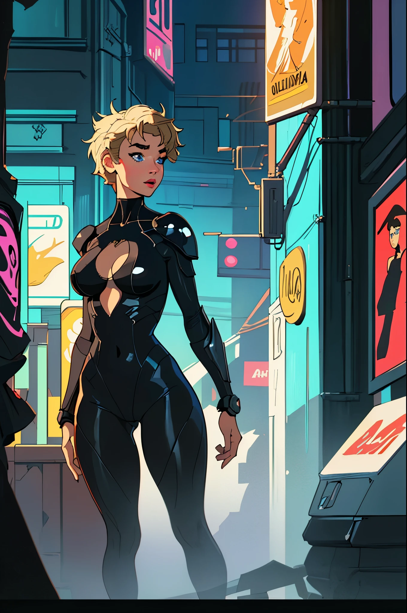 Stefania Ferrario, cyberpunk, seductive blue eyes, parted lips, perfect body, curvy, blonde hair, nsfw, in comic book panel, bold lineart illustration comic, in the style of Adam Hughes, (extremely detailed, masterpiece, best quality, 8 K ), (((best quality))), (((masterpiece))), (((adult)))best quality, masterpiece, big ass, Big tits, wearing a sexy and modern white and black swinsuit armor \(estilo\), olhando para o espectador, Poster \(estilo\), corpo inteiro, (melhor qualidade, obra de arte), Blade Runner, In the top of building, big city night background