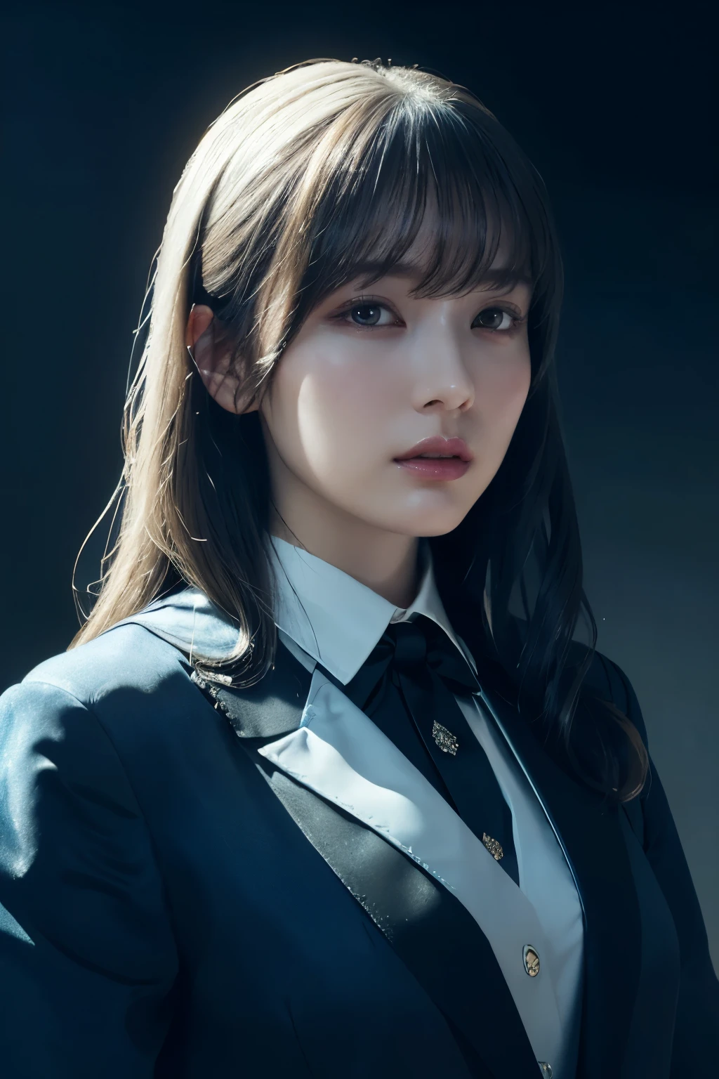 (Fantasy Art Photos, Realistic photos, 1 Girl in the dark, Dreamy Face, Deep shadows, Understated luxury, Poster Style, 4K) + (Delicate face, Dynamic Lighting, dark texture, formal (wearing formal wear: 1.4), Long white hair, denim photo) + (Gorgeous volume lighting, Full of surreal art)