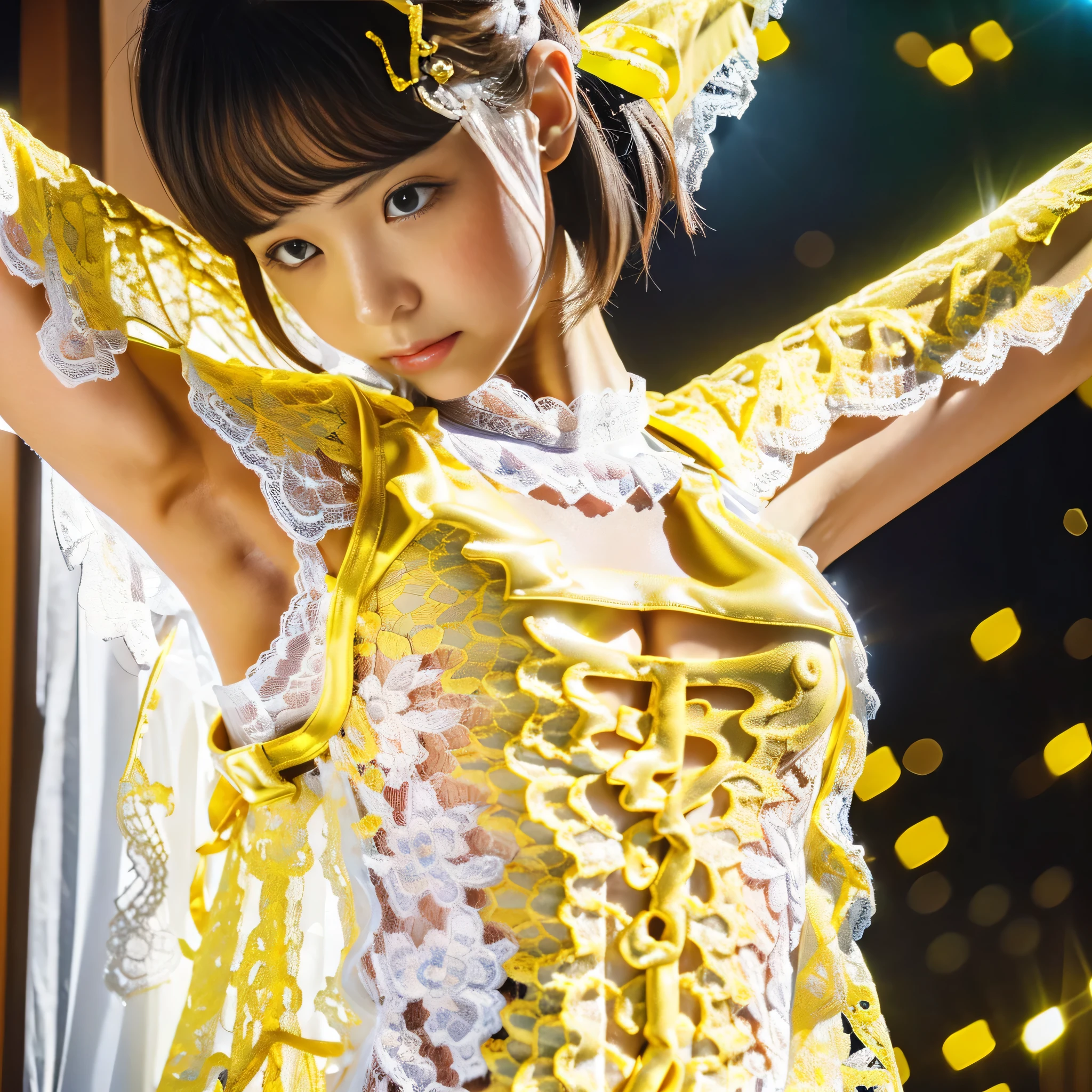 highest quality，masterpiece，Ultra-high resolution, Very detailed, 8k，A beautiful Japanese woman:1.5, Very Short Hair, blunt bangs, ((Crucifixion))，Small face，((Woman in Crucifixion on Cross:1.5, Extremely small waist, Breast Augmentation Surgery)), (Yellow and white hero costume with shiny and glamorous lace:1.5),　Breast Augmentation Surgery、　Detailed super smelly armpits、　Detailed ultra-thick armpit hair、　Frustrated expression、　Dynamic Angle