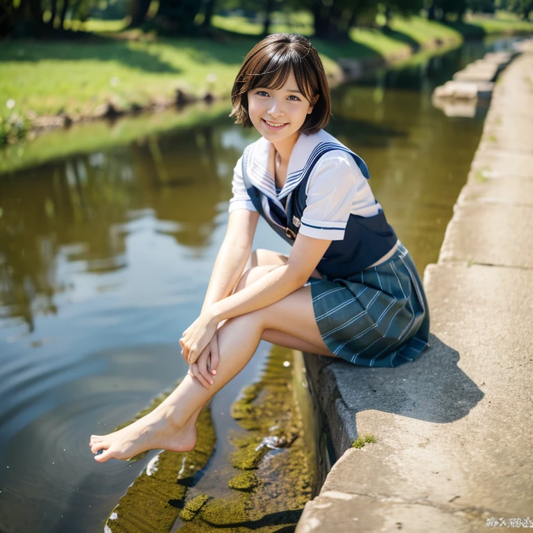 ((Layered Haircut、Huge boobs:0.9)),(4K,highest quality),Rustic,Countryside Stream,Wearing a pleated sailor skirt,uniform,student,Young Face,The clothes are wet,Detailed costume:1.5,Delicate Hair,Wet Hair:1.5,White skinに水滴が浮かぶ:1.2,Detailed river water,Water surface up to the soles of your feet,Put your feet on the water,The river is clear:1.5,White skin,Soft Skin,Full body photo:1.8, Android, Adorable, smile,Exterior, Thin face, Short fine hair,