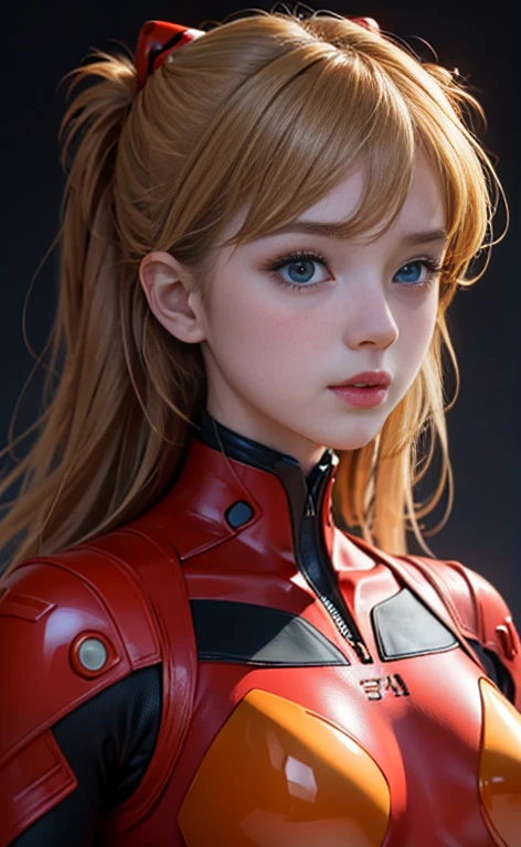 (masterpiece:1.4、top-quality)、(intricate detailes)、Unity8k wallpapers、ultra-detailliert、Beautiful and mysterious、detailedbackground、realisitic、solo、Perfectly detailed face、Detailed blue eyes、ighly detailed、red blush、hair adornments、Chignon mahogany hair、(blonde hair)、Plug Suit 02,Shikinami Asuka Langley、evangerion、Looking at the camera、facing front、Cute s、full body suits、black backgrounds、large boob