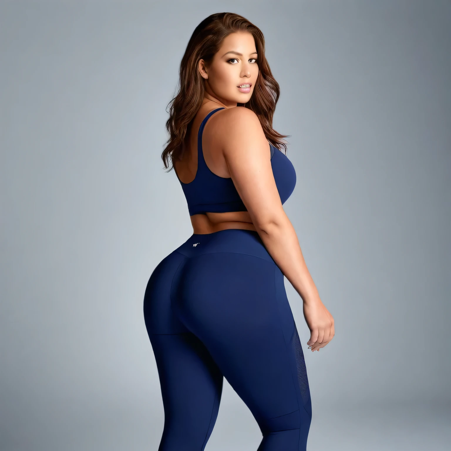 (full figured fashion model,Ashley Graham,rear angle,posing,looking back at the camera),(fitted leggings,tank top),(detailed face,detailed eyes,detailed lips),(realistic:1.37),(best quality,highres),ultra-detailed,professional,studio lighting,vivid colors,physically-based rendering