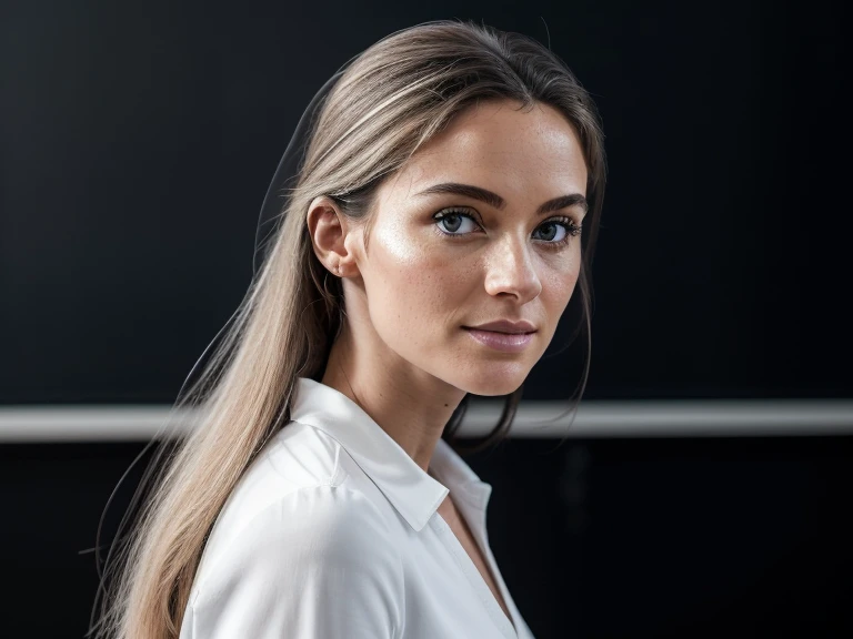 ((best quality, extremely detailed:1.8, hyperréaliste:1.5, photorealistic:1.5, grande profondeur de champ, vue de face, very beautiful 35 year old woman, pose seriesuse)), ((femme debout habillée en blanc, elle a une pose seriesuse)),((Dans une salle de conférence une physicienne donne un cours, elle est devant un immense tableau noir où sont écrits beaucoup d'équations mathématiques et beaucoup de schémas scientifiques, corps entier, le tableau recouvre tout le mur, chalk writing)), general relativity equations, quantum mechanics riding, schrodinger equation:1.6, chalk diagram of atomic orbitals:1.1, orbitale atomique 3dz2, ((detailed woman face looking at camera, yeux bleus, White clothes)), (photorealistic), sharp eyes, (elle porte une longue blouse blanche de chimiste décolletée), poitrine push-up, very thin waist, jambes longues, longues jambes, fine and detailed hands, detailed hairstyle, very long hair, White clothes, habits blanc, vêtue de blanc, femme de 35 ans charismatique, charisme, charismatique, sparkling eyes