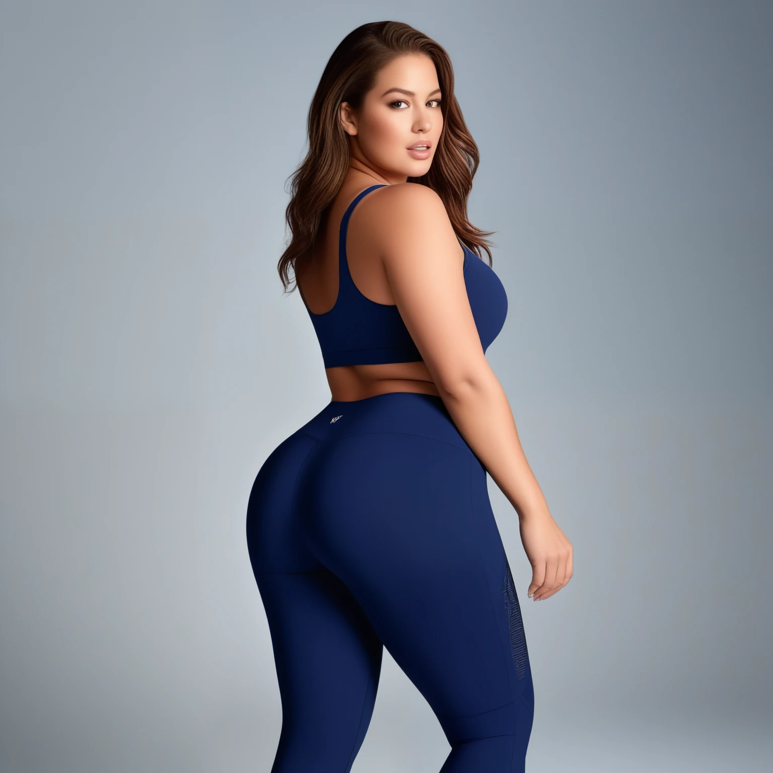 (full figured fashion model,Ashley Graham,rear angle,posing,looking back at the camera),(fitted leggings,tank top),(detailed face,detailed eyes,detailed lips),(realistic:1.37),(best quality,highres),ultra-detailed,professional,studio lighting,vivid colors,physically-based rendering