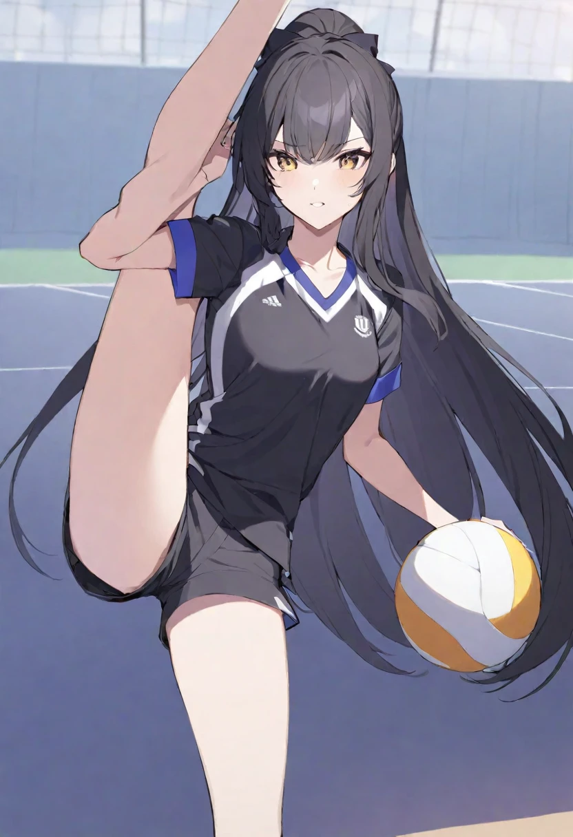 Genera una chica japonesa usando un uniforme de voleibol. *Shorts cortos color negro.* *Camisa ajustada color negro.*