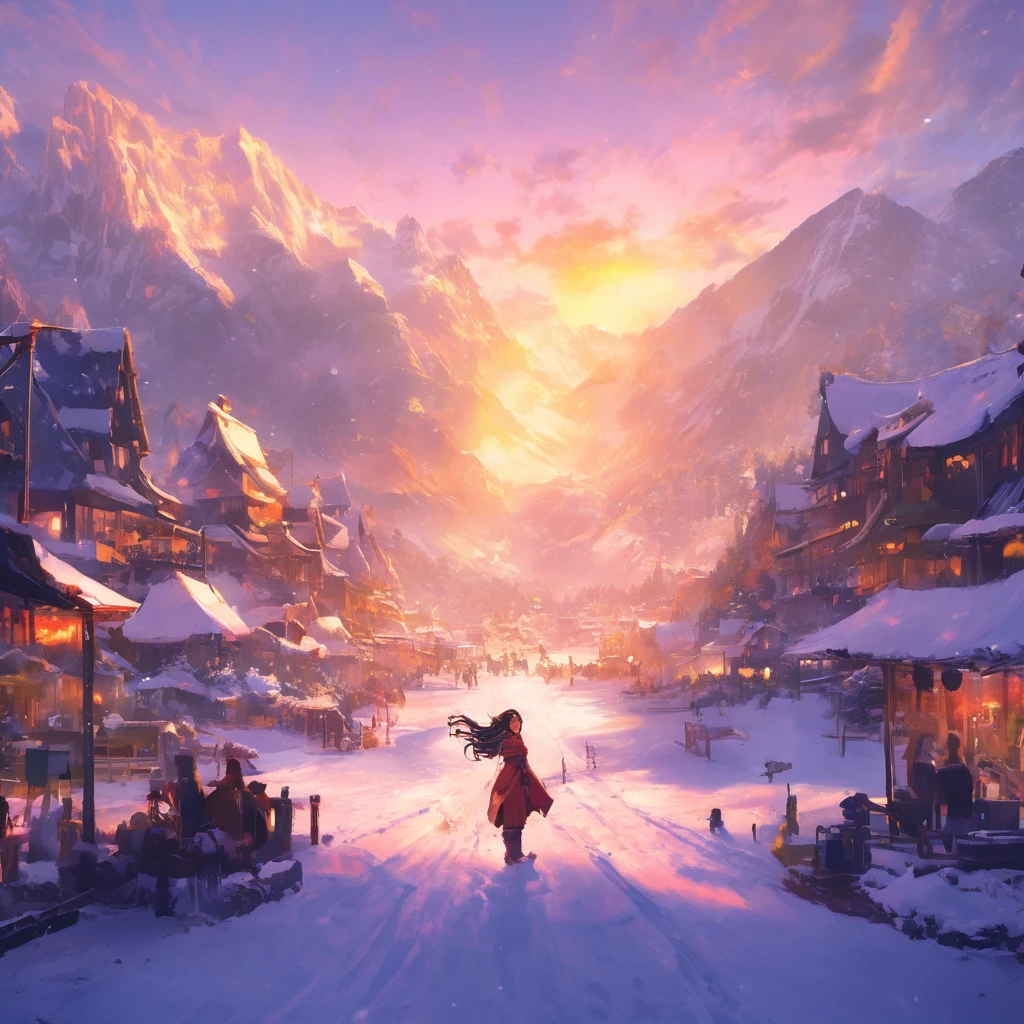masterpiece, Concept Art, Panorama, At the center, figure, Wide Shot, Dynamic Lighting, Bright colors, snow,1 girl,