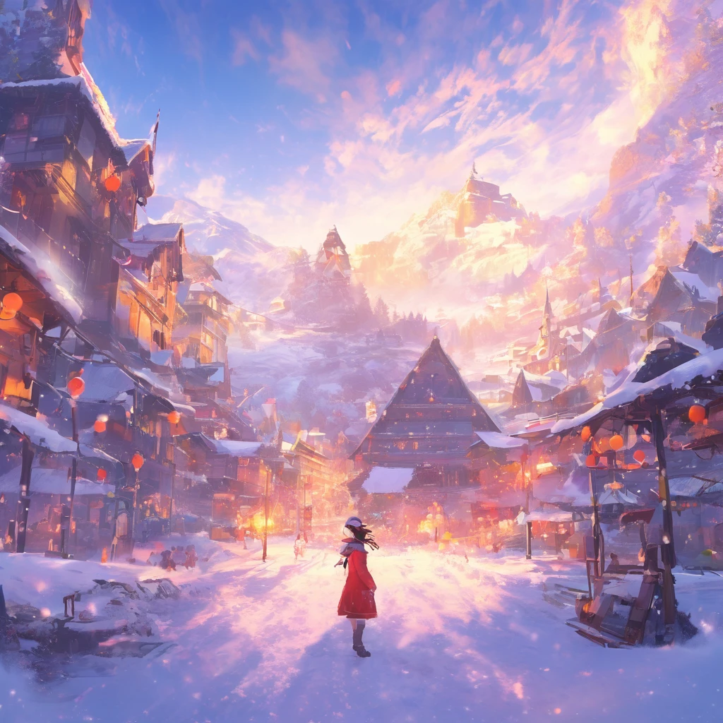 masterpiece, Concept Art, Panorama, At the center, figure, Wide Shot, Dynamic Lighting, Bright colors, snow,1 girl,