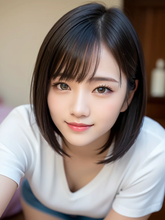 (highest quality:1.5)、(Realistic:1.5)、(1 person:1.5)、Very detailed、High resolution、8k、medium breasts、Natural color lips、Cute Smile、Japanese women、20-year-old girl、Beautiful and elegant face、Perfect and beautiful face、Balanced big eyes、Brunette eyes、Beautiful and elegant face、Natural double eyelids、Natural Bangs、Beautiful thin nose、Beautiful Skin、(Medium Bob Hair)、Natural Bangs、Perfect and beautiful face、Slim face and figure、Look at the viewers、(Staring at the camera with a sweet smile)、Bright lighting、Professional Lighting、Forward lighting、Beautiful feet:1.2、Smooth Skin、Slim Body、Slim waistline、slim thin thighs、sit、Bedroom、mini skirt、High stockings、Beautiful cleavage、V-neck short-sleeve shirt